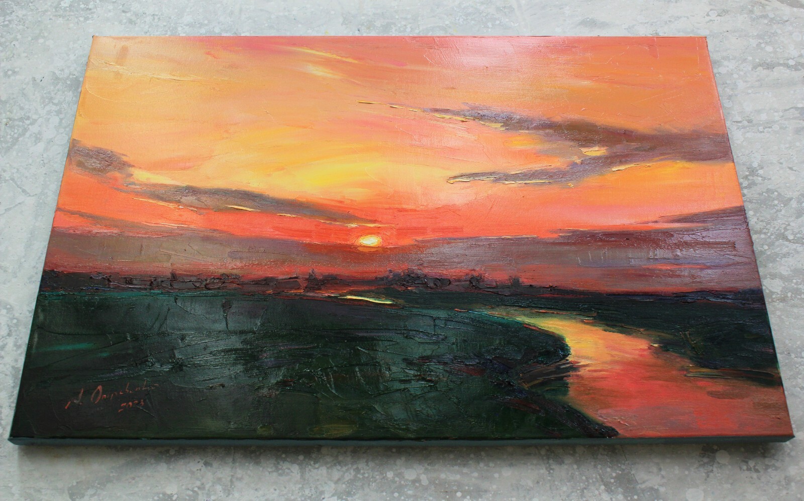 Sunset river painting IMPRESSIONISM original art Oil on canvas by A Onipchenko