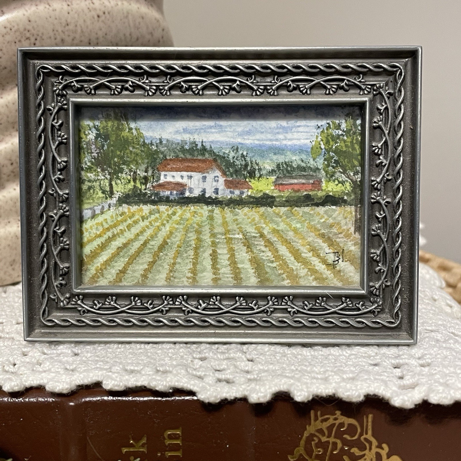 Miniature Painting Bobbi Prince Spencerport NY Farm Scene Pewter Frame