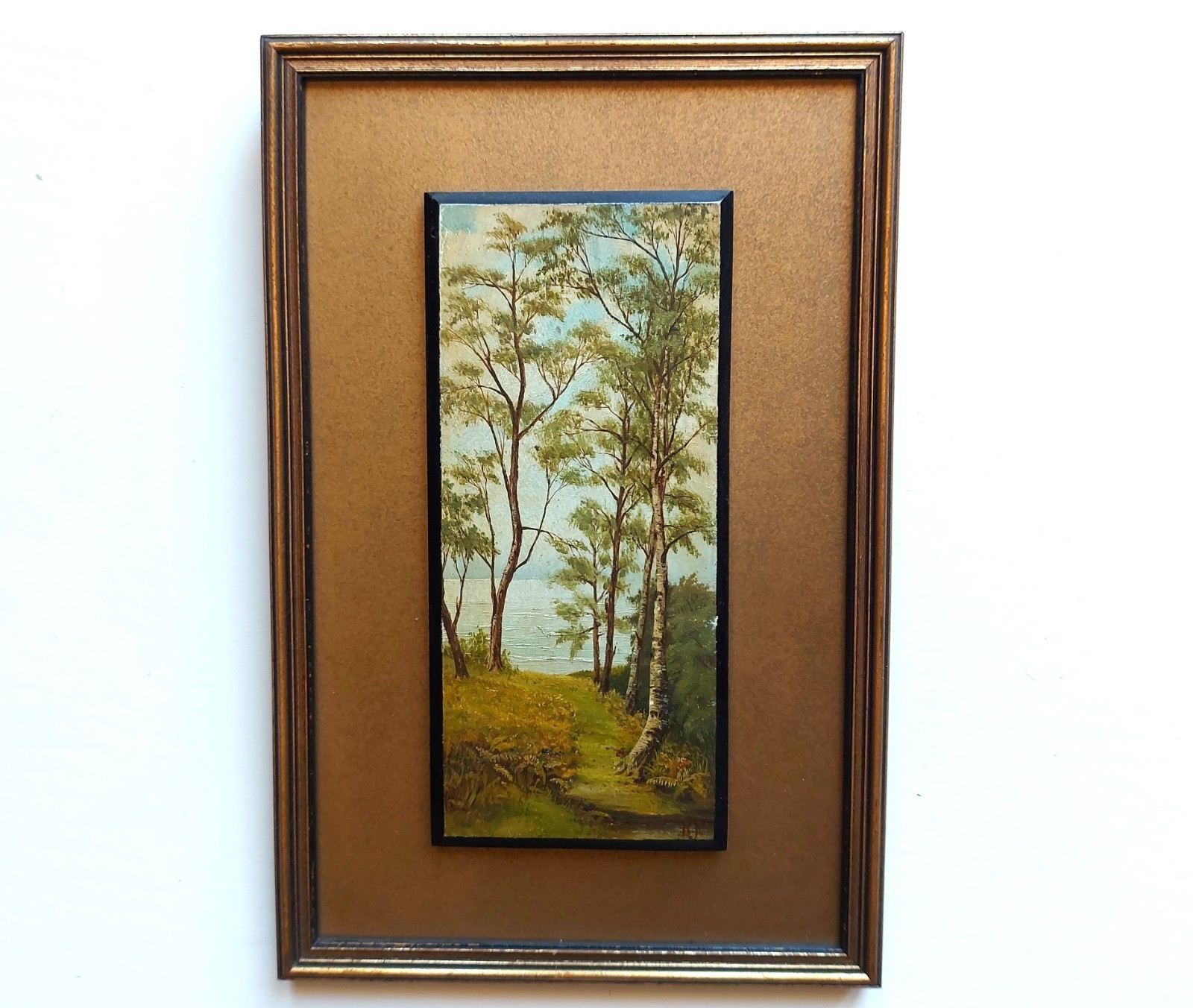 Vintage Summer Treed Lakeside Landscape Painting On Wood Signed «BF» (P175)