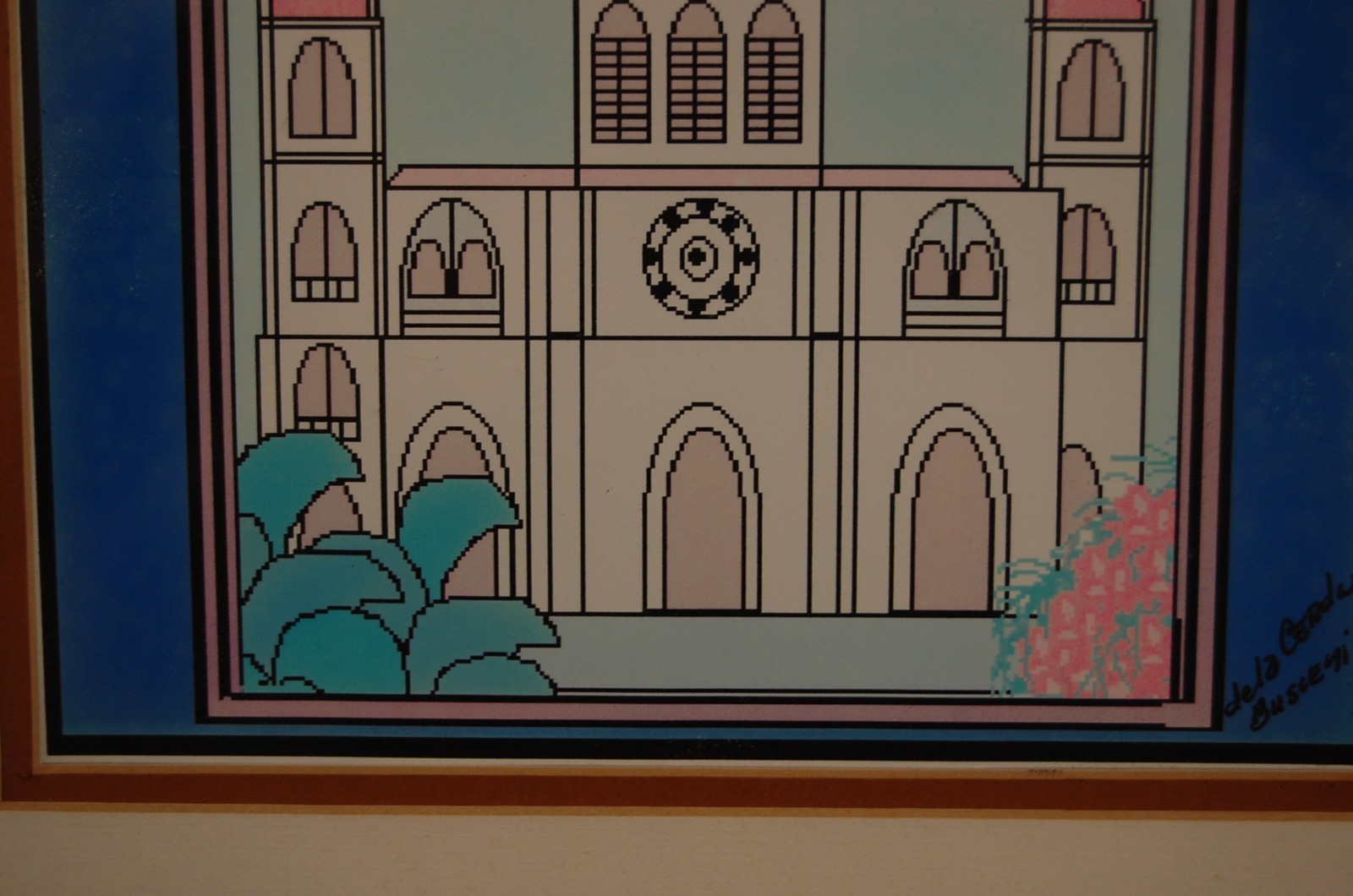 FRAMED SIGNED DE LA CERDA BUSEMI WATERCOLOR PEN CUBAN ART COBRE CHURCH & VIRGIN