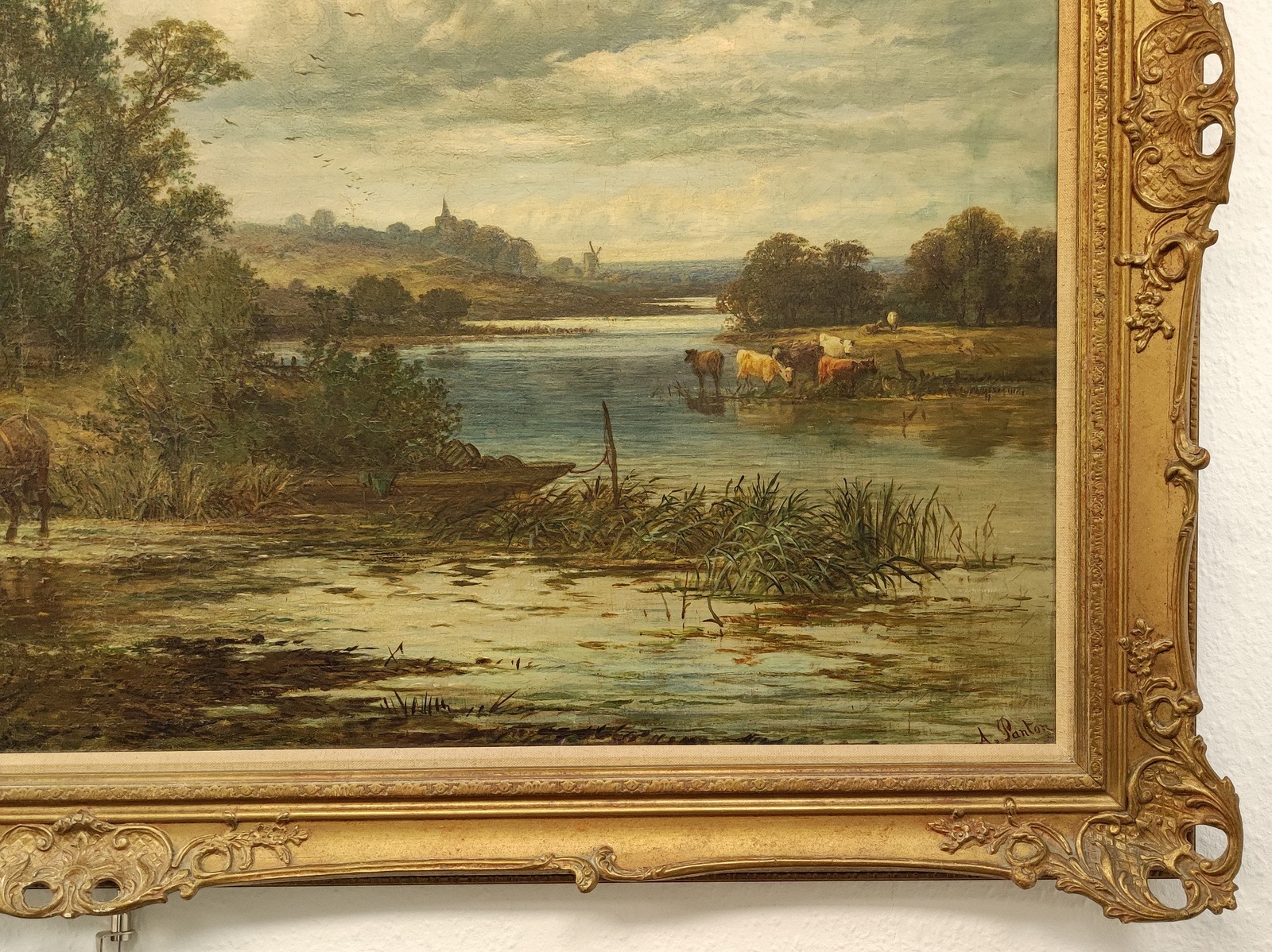 SIGNED 19TH CENTURY LARGE ORIGINAL OIL PAINTING ENGLISH PASTORAL LANDSCAPE