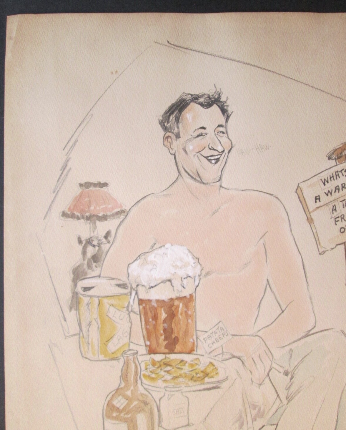 WWII STYLE CARICATURE SIGNED “T. TAYLOR 48″ ~ Mentions Beer & May Co. 20″ x 16″