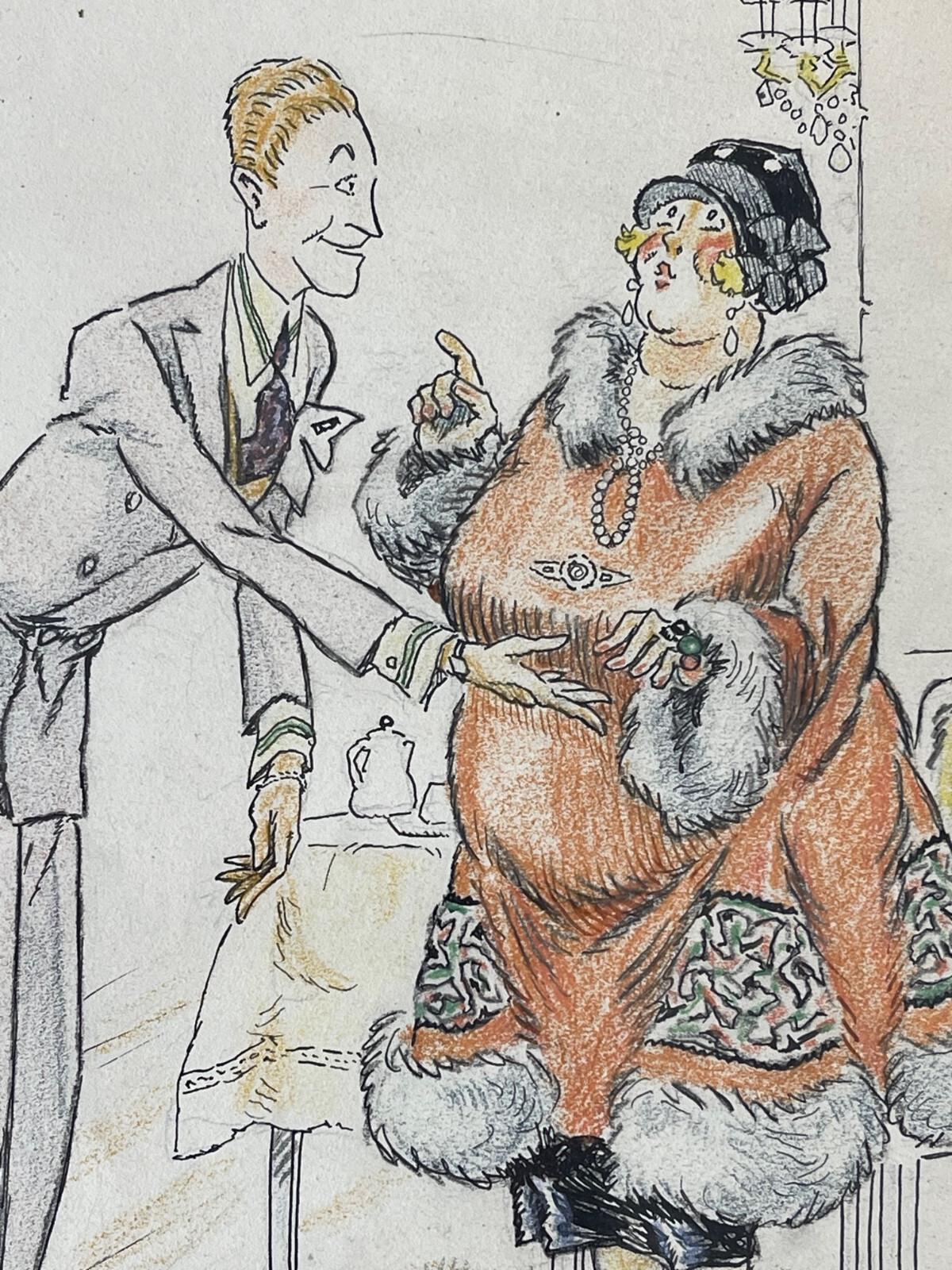 Art Deco Caricature Original Drawing Humour Painting Signed Henri Fournier 1924
