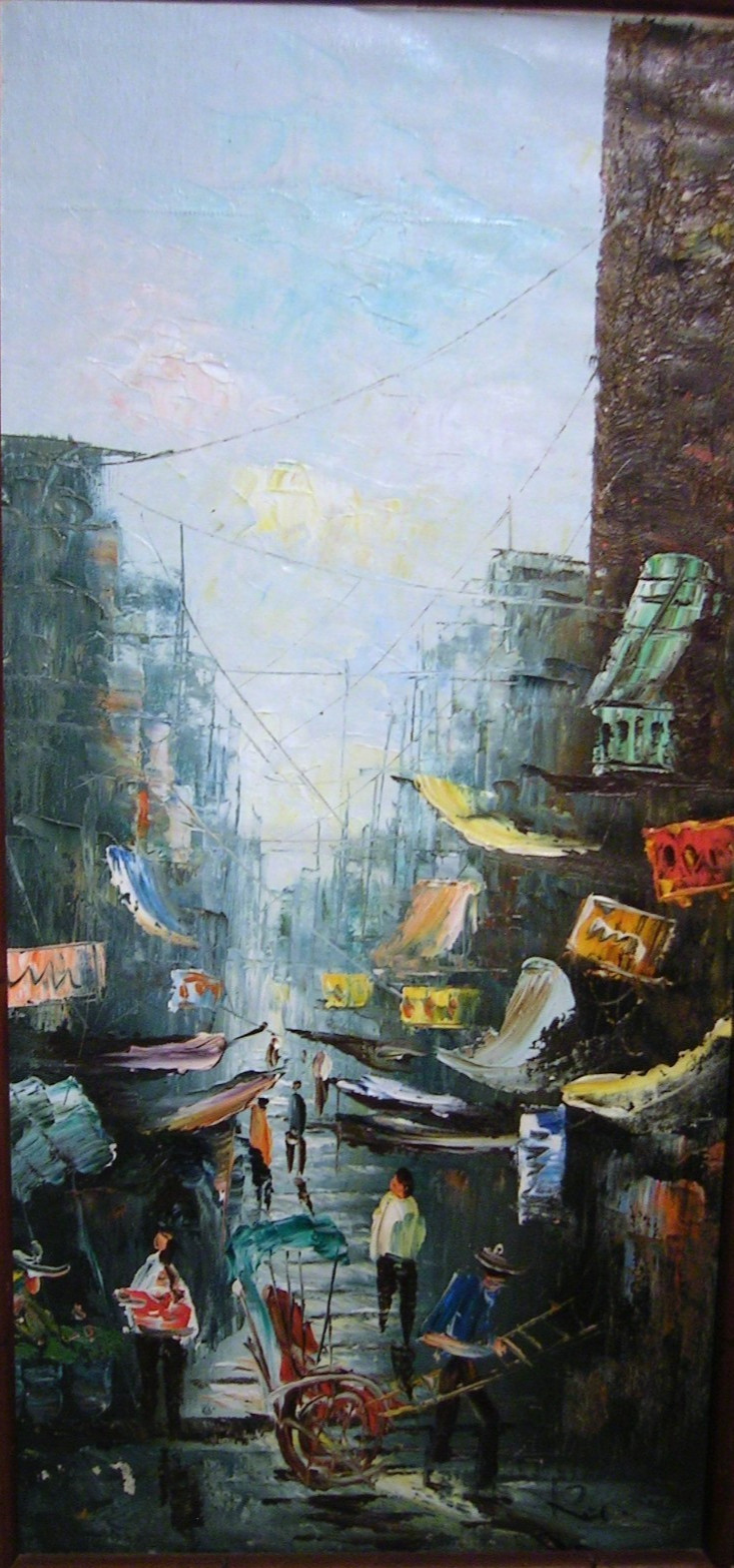 Vtg Abstract Expressionist Cityscape Oil Painting Thailand Street Market Signed