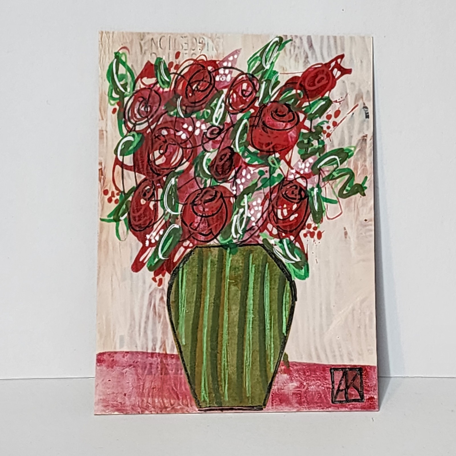 ACEO Original Painting Red Roses Flowers in Vase Mothers Day Spring AMBER K