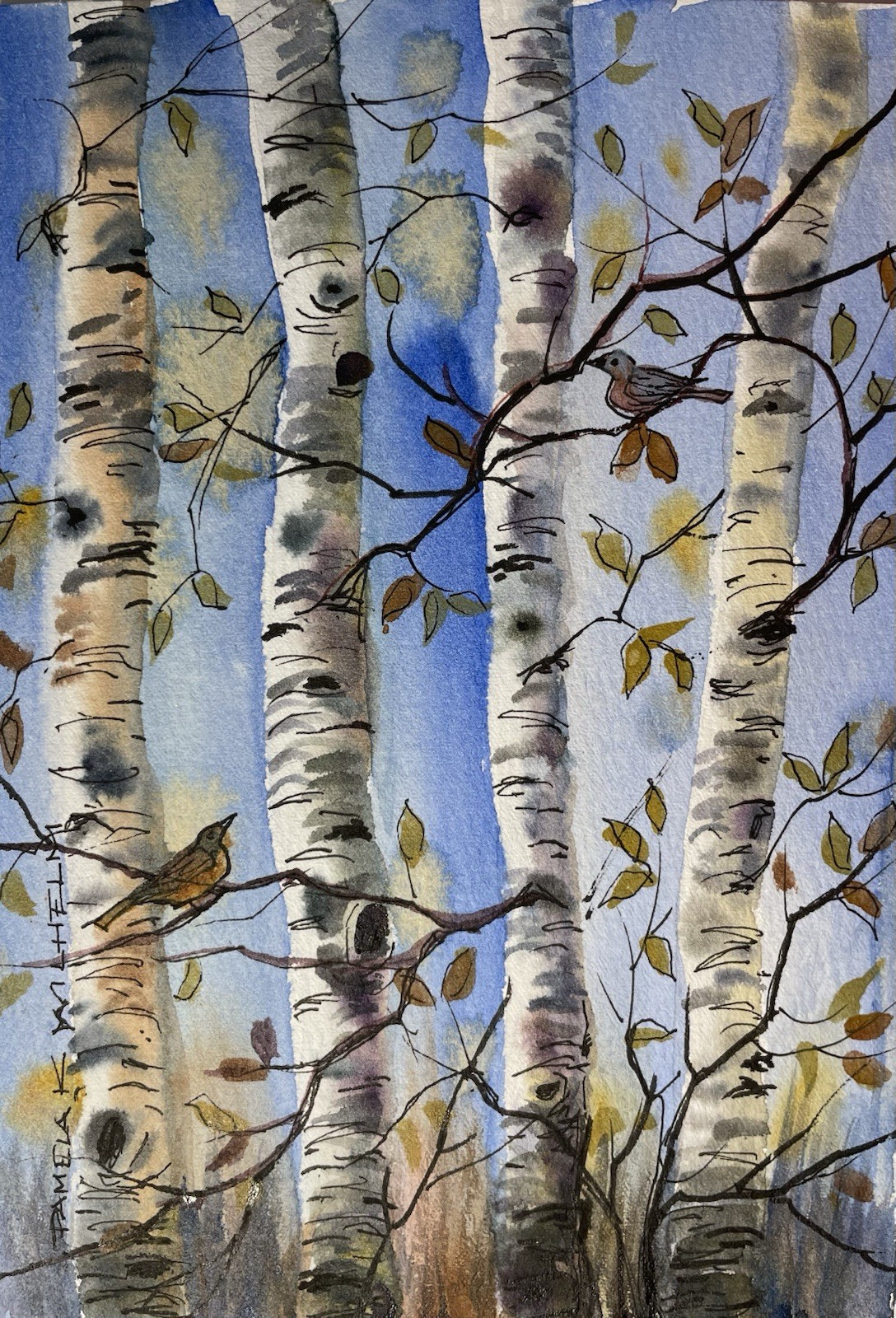 5×7 Pamela Wilhelm Original Watercolor Birch Trees Brown Birds Twigs Branches