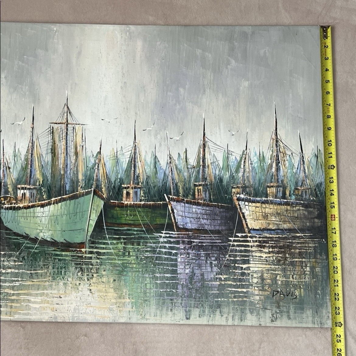 Davis Signed Harbor Boats Nautical Canvas Painting Contemporary