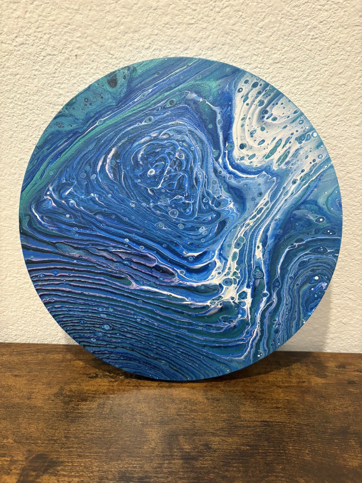 Unique Ocean Pour Painting, Round Canvas Wall Art, blind artist made