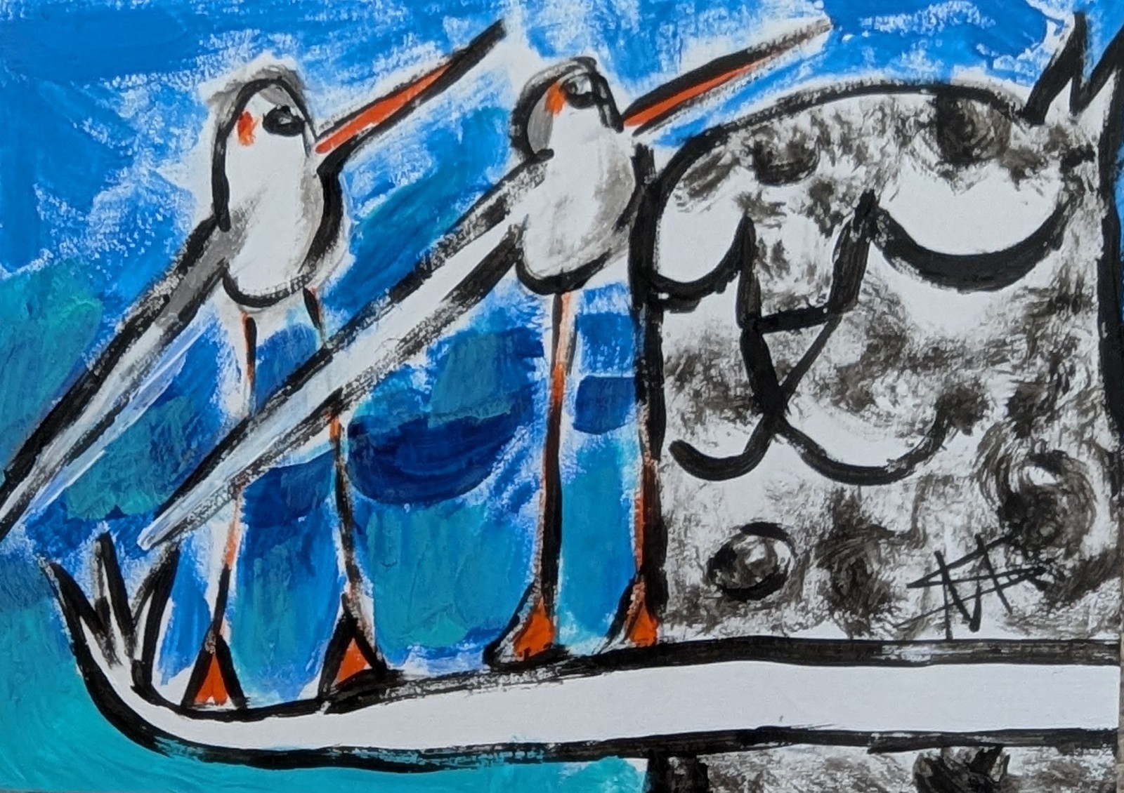 Original ACEO Cat Painting Collectible Beach Birds Art Card By Samantha McLean