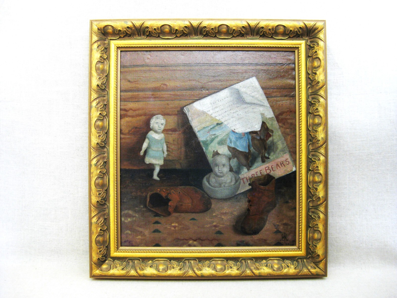 Vintage Surreal Still Life Framed Original Antique Oil Painting Dolls Baby Boots