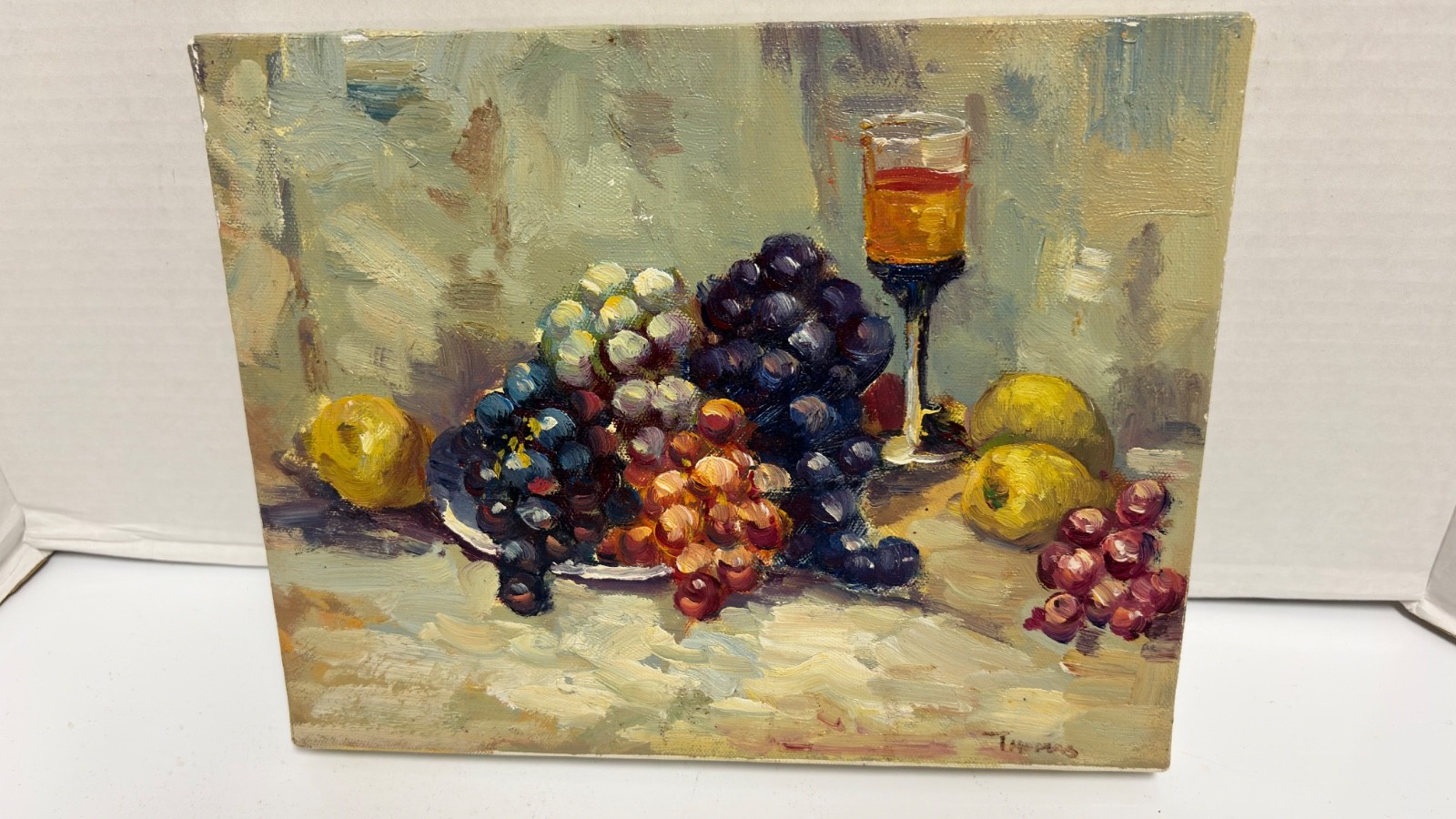 Still Life Painting 8 x 10” Textured Acrylic on Canvas Grapes, Pears, Wine