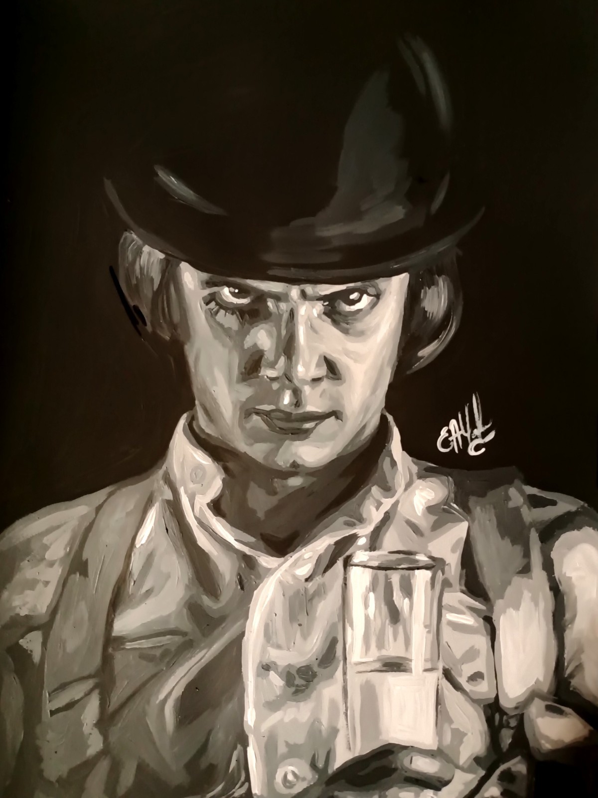 portrait of Alex DeLarge, clockwork orange , paper, acrylic, handmade