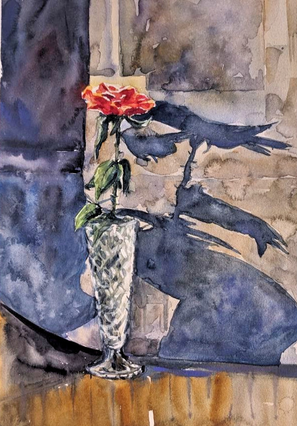 Red Rose Crystal Vase Floral Still life Watercolor Painting Romantic Summer Art
