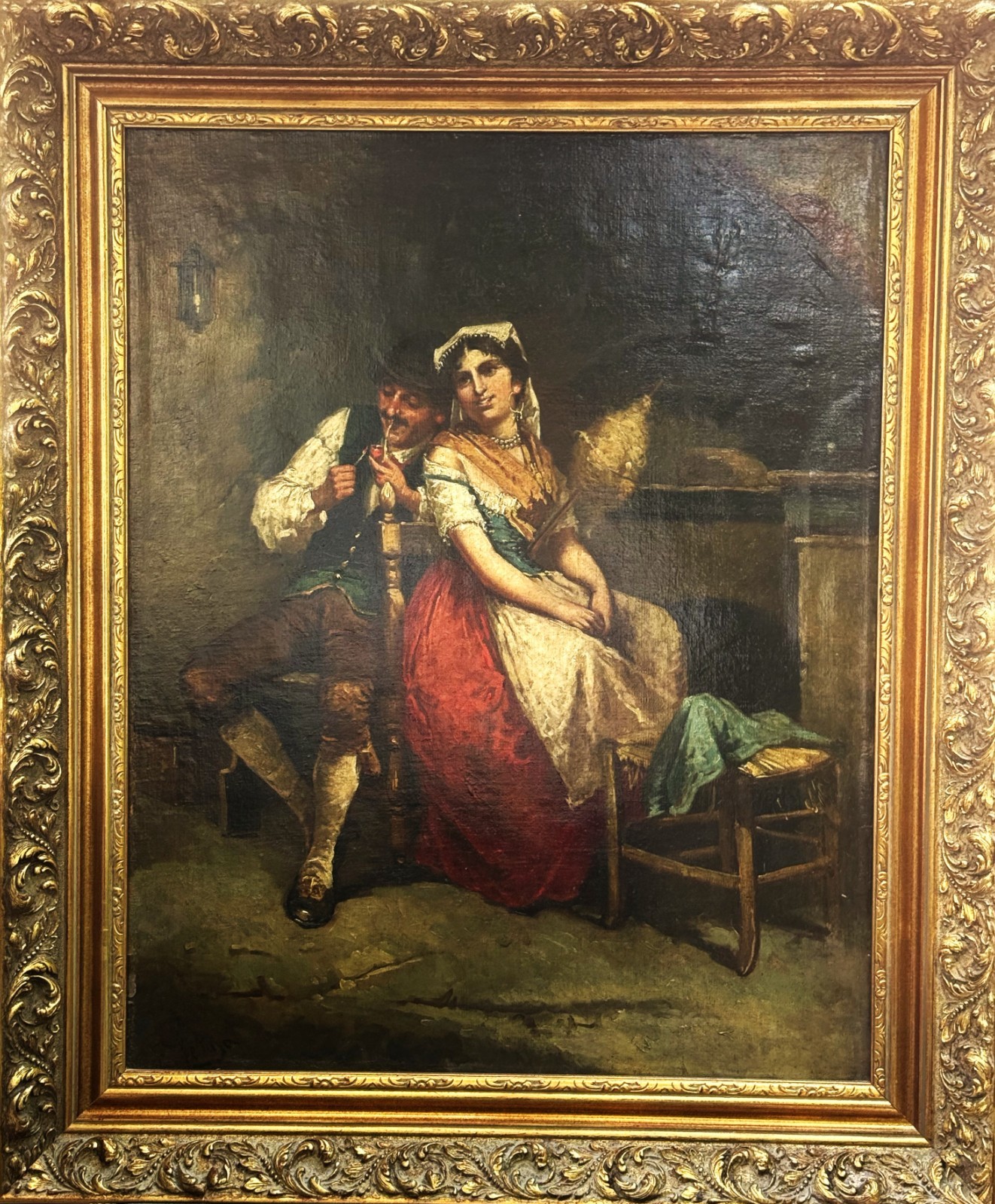 Francesco Peluso (Italian), ANTQ 19th C O/C «Spinner & Her Sweetheart», Signed!