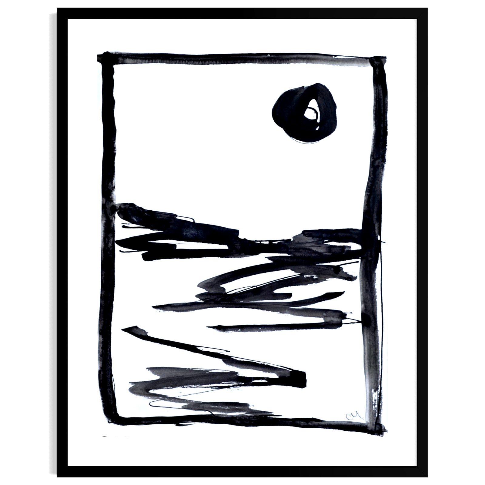 Original Minimalist 9×12 Acrylic Landscape Painting Black White Paper Signed Art