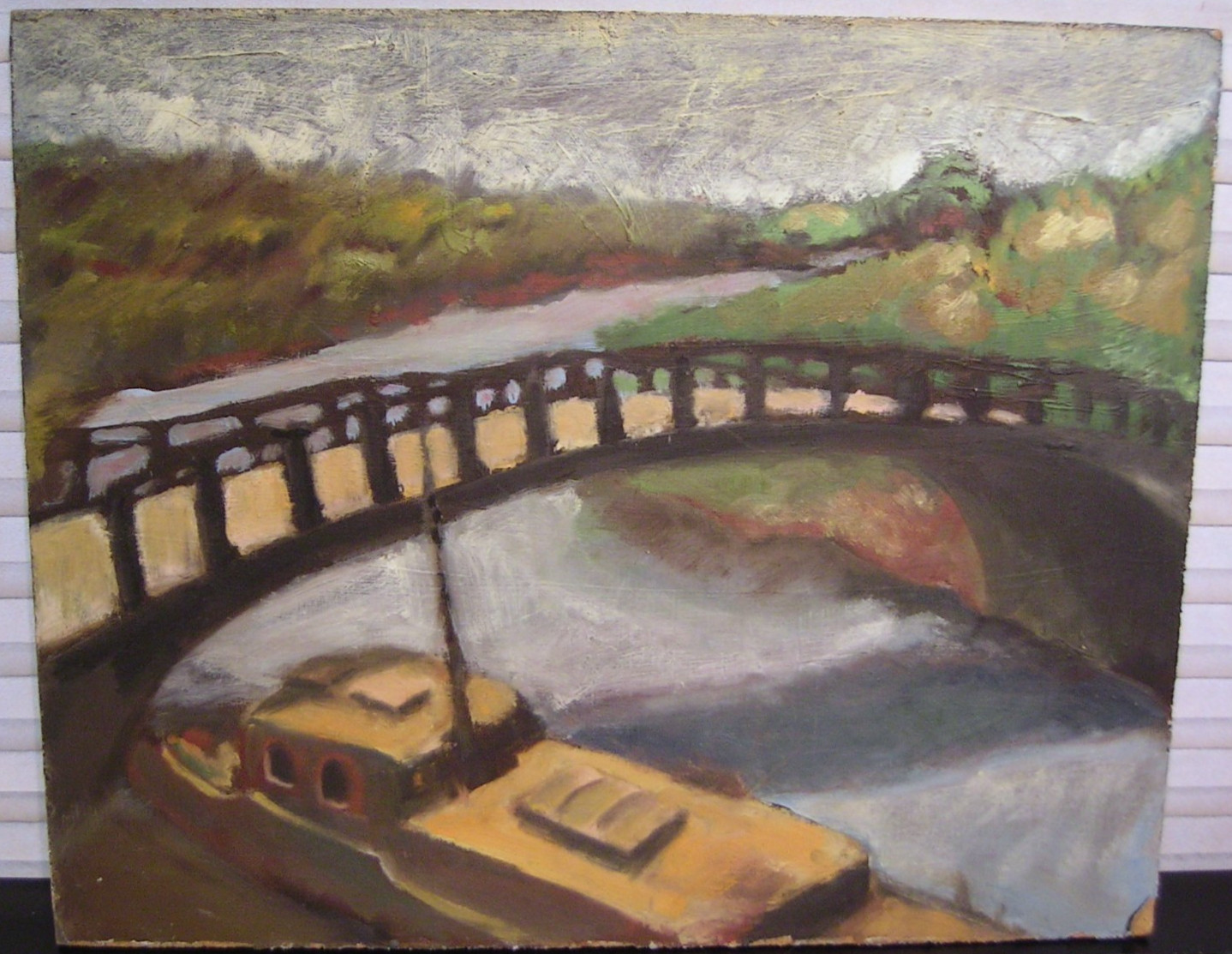 Vtg European Boat Canal Boardwalk Bridge Oil Painting Double Sided Architectural