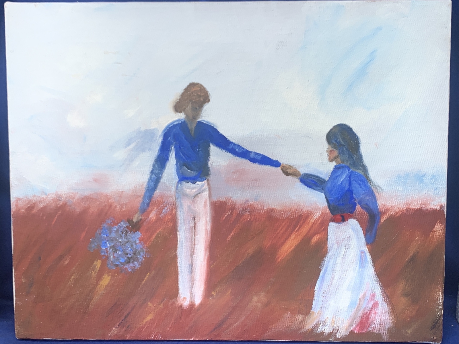 ONE OF A KIND Artist Unknown BOUQUET BLUE VIOLET Man Woman Love Painting❤️sj10m6