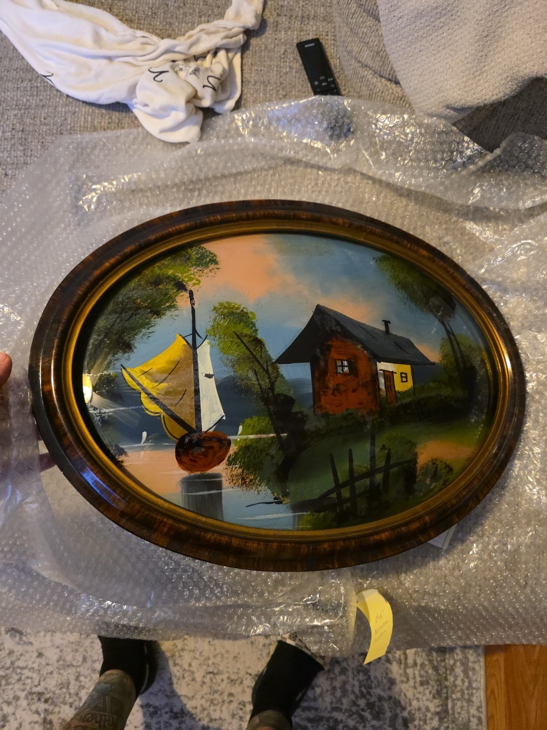 Antique Reverse Bubble Glass Painting Watermill & Boat in Oval Wood Frame..22×16