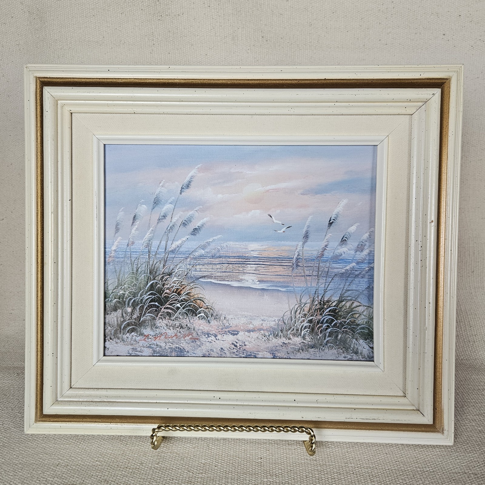 Seascape Oil Painting 15 x 13.5 Signed Framed Seagulls Grass Beach Ocean Dunes