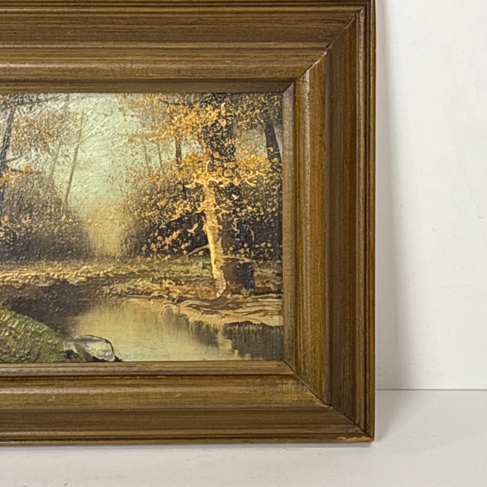 Vtg Landscape Oil Painting Artist Signed Autumn Forest River Chunky Wood Frame