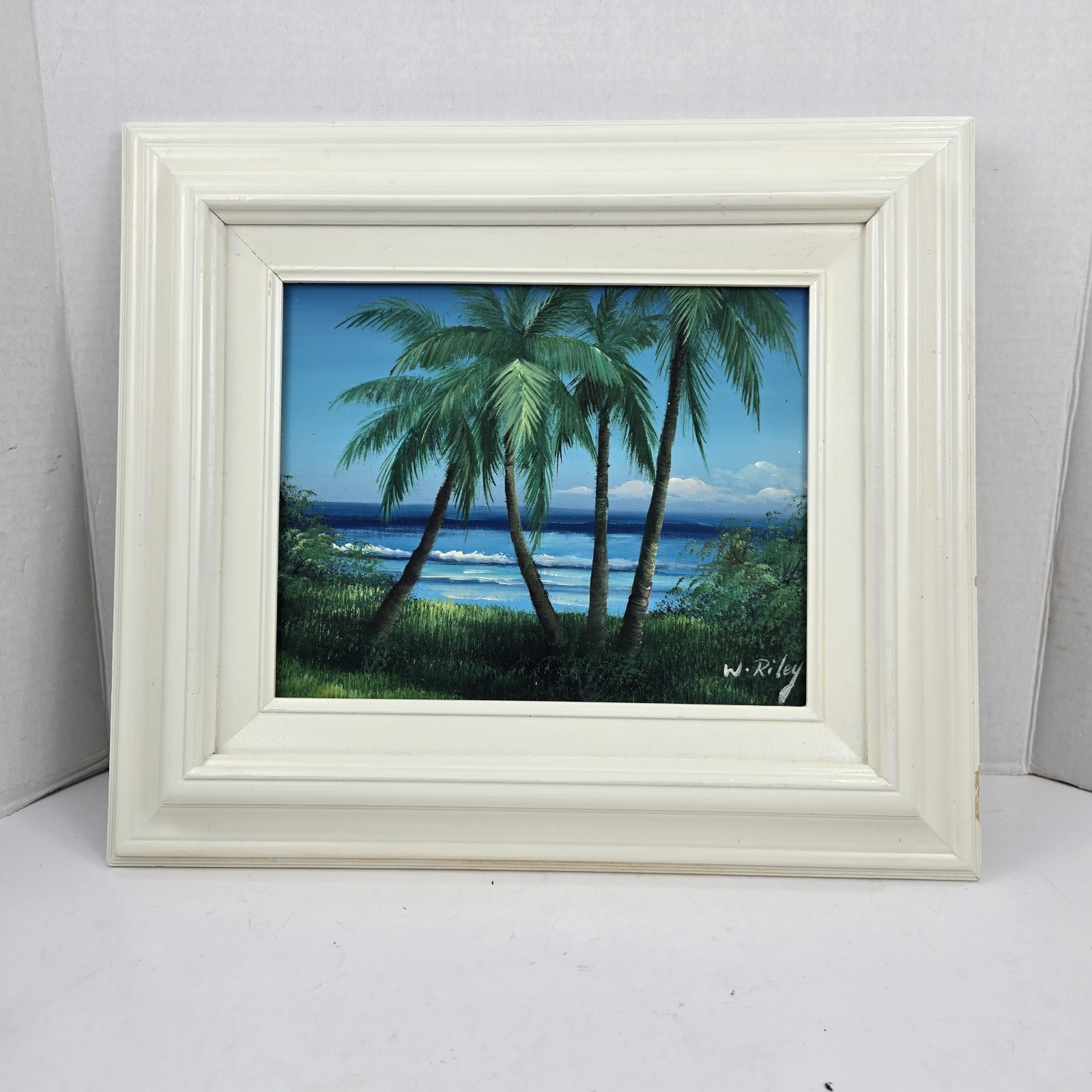 Framed Original Painting On Canvas Tropical Seascape w Palm Trees Signed 8×10