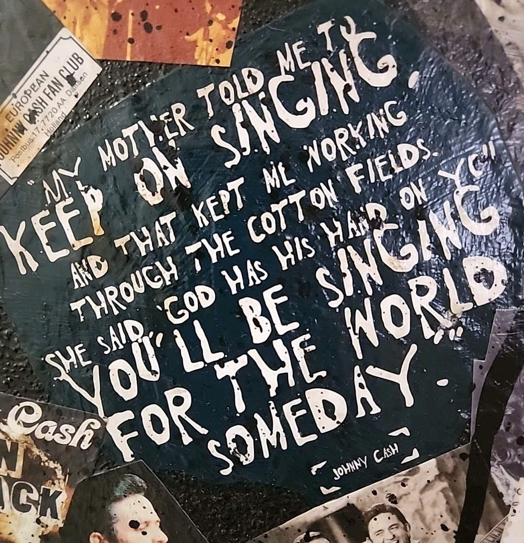 Large Johnny Cash Acrylic Paintin Collage Art. Heavily Textured & Burned! 16X20