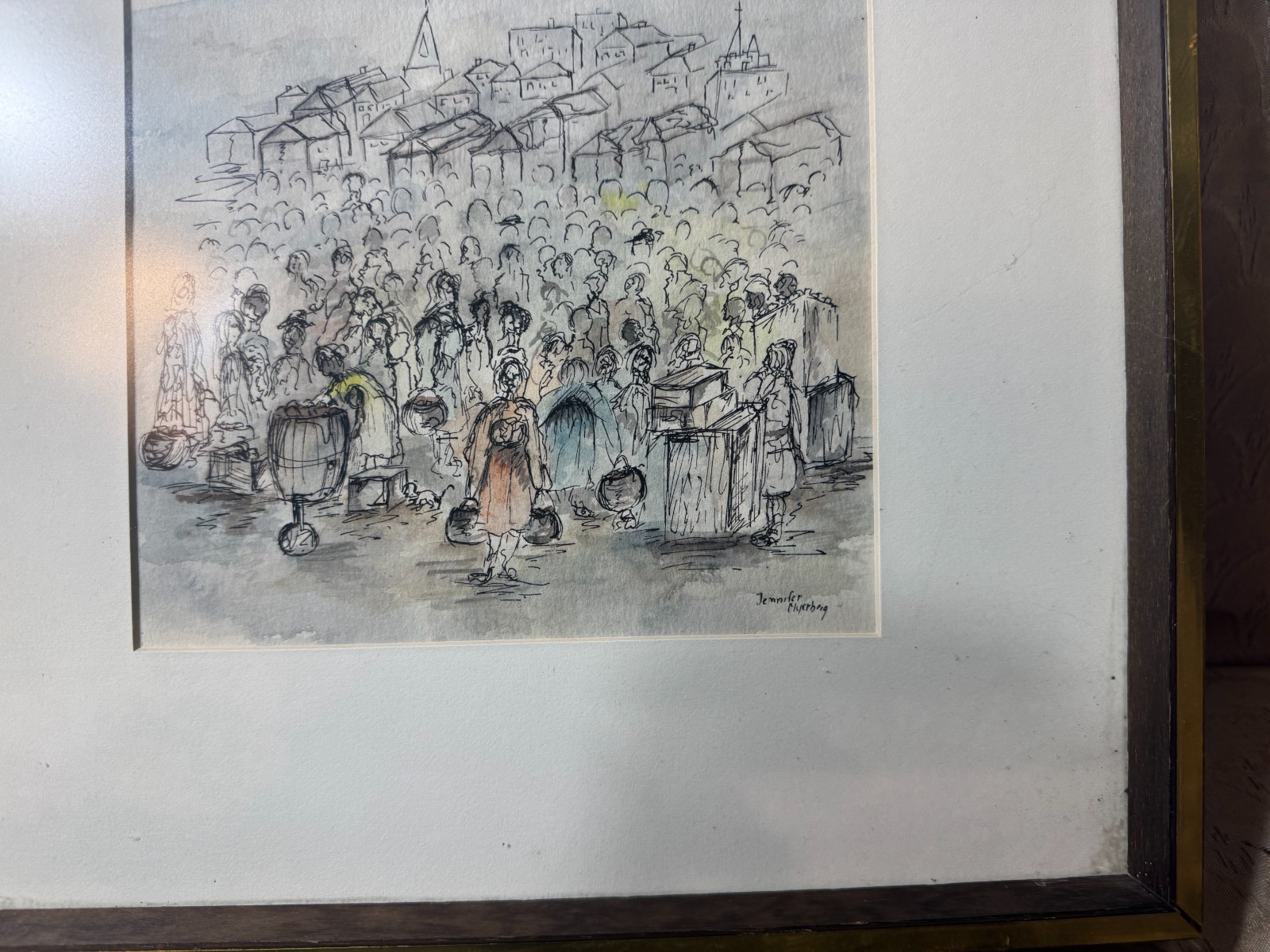 Jennifer Myerberg «Many Figures Scene» Pen, Ink And Watercolor Painting – Framed