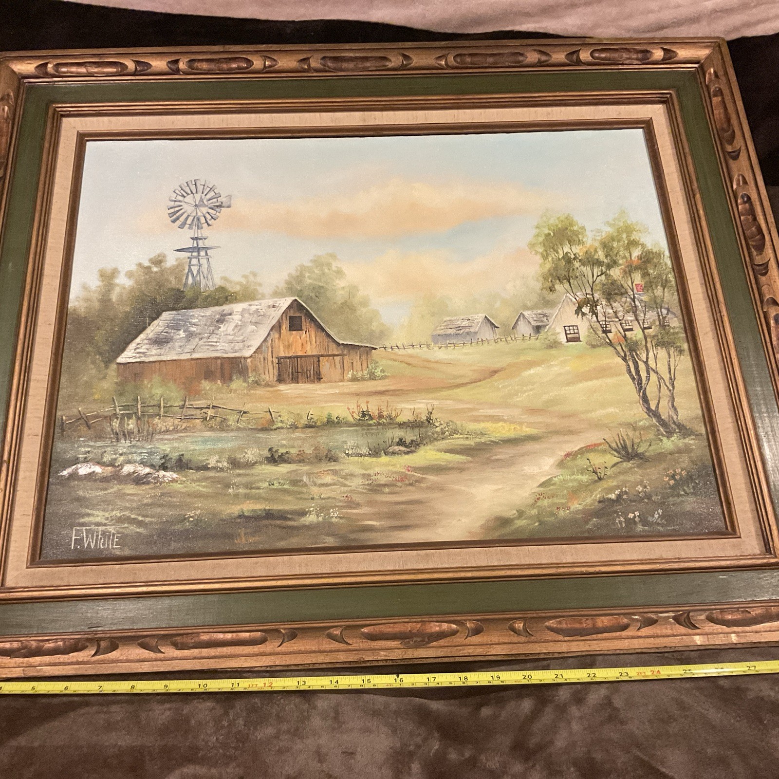 F. WHITE ORIGINAL OIL ON CANVAS BARN LANDSCAPE PAINTING 24×18”