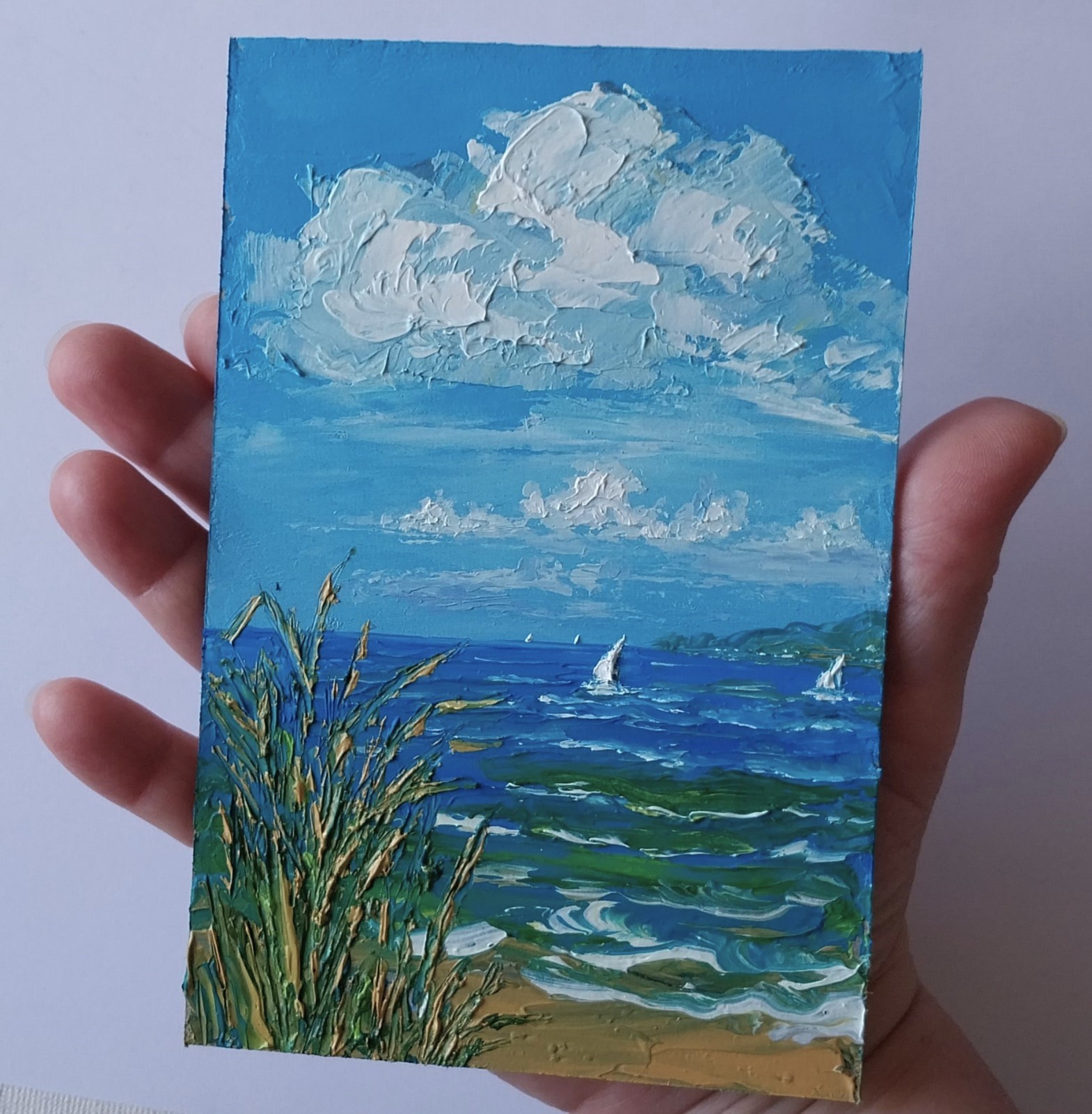 Framed Calm Seascape Sailboats Cloudy Sky Coast Reeds 4×6” Oil Painting Original