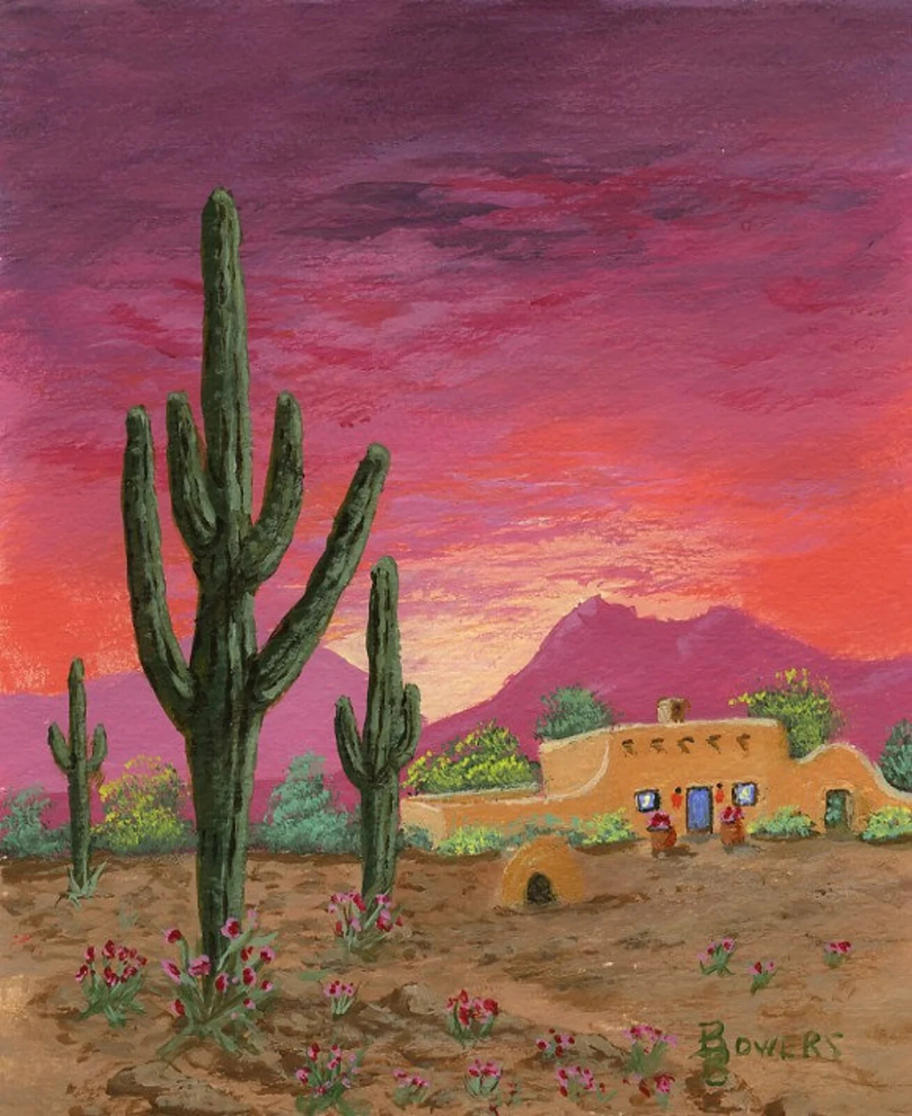 Southwest, desert sunset,Saguaros, opaque watercolor/acrylic double matted 11×14