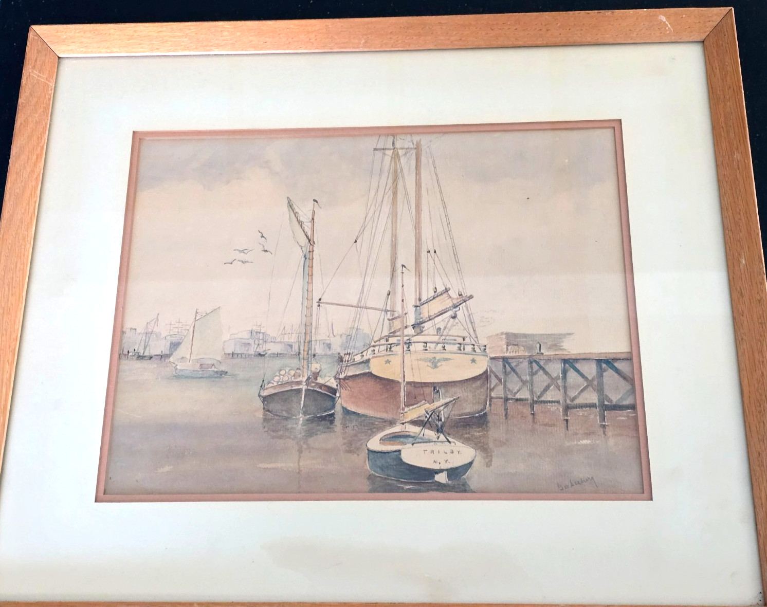 VTG Framed Watercolor, Harbor, Sailboats, Signed George Seabury