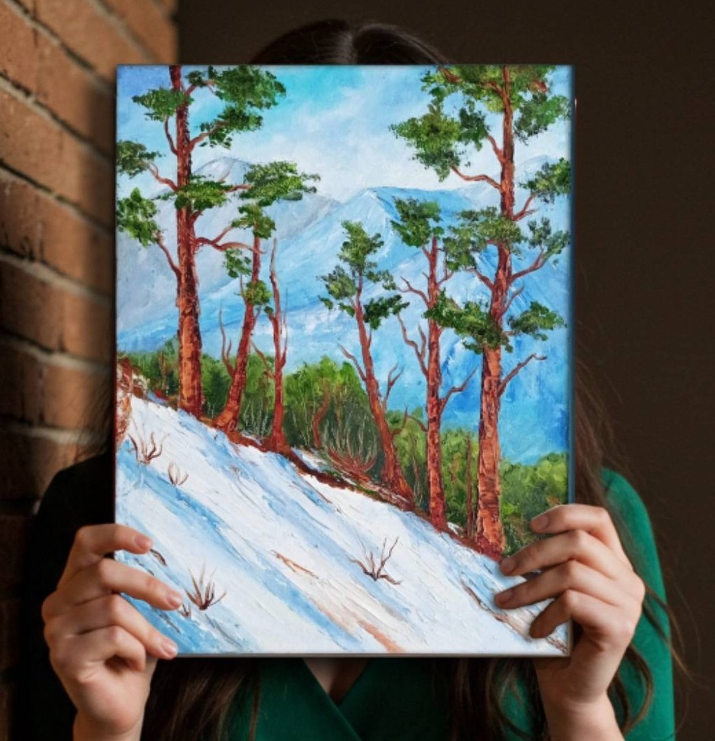 Winter Pine Forest Landscape Oil Painting Handmade Wall Art by Irene Pandin