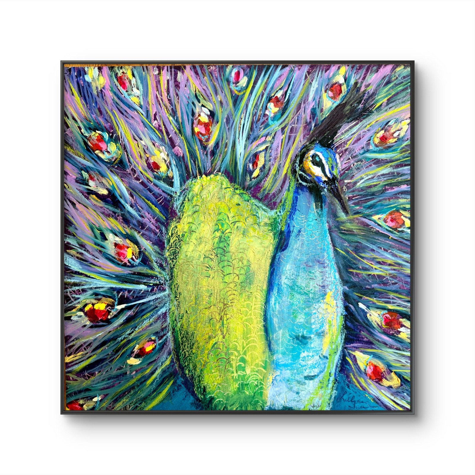 Neal 20″x20″Abstract Peacock Oil and Cold Wax on Wood Expressionsim