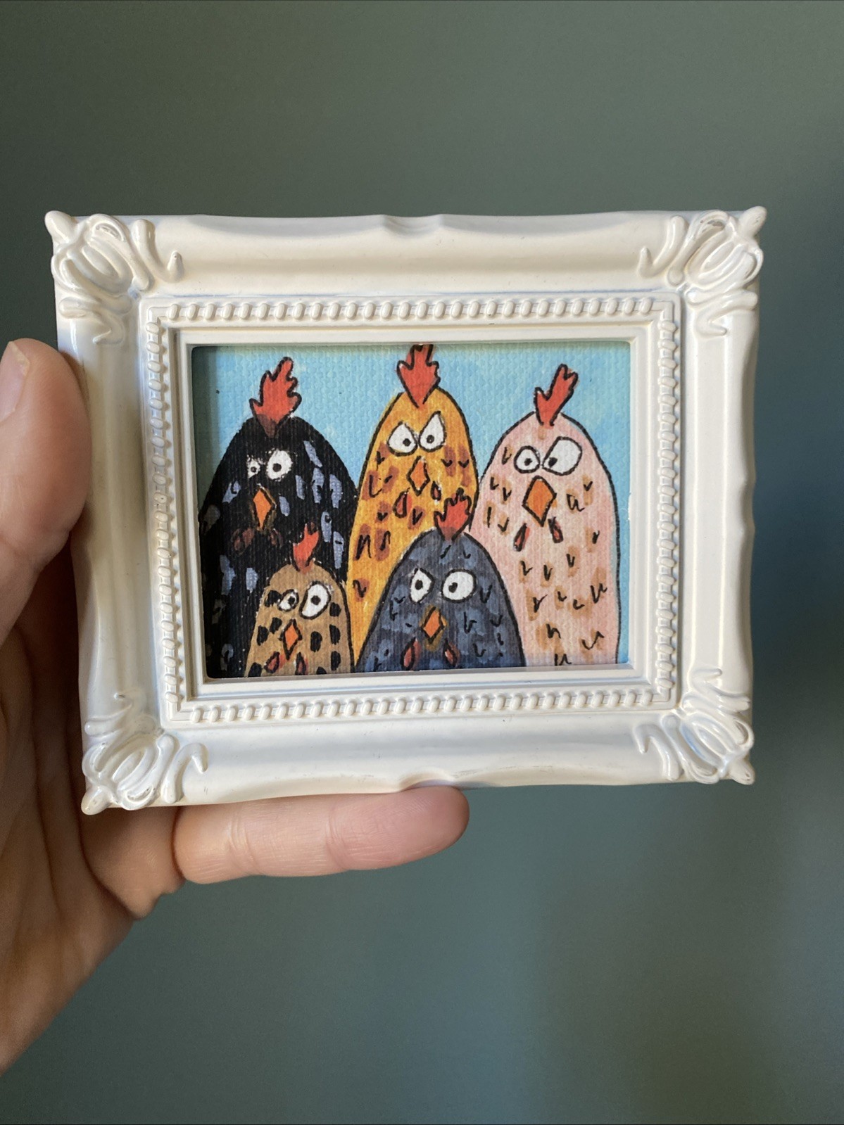 PRINT Hens Chicken Cute,funny, Painting,framed,miniature,small,mini