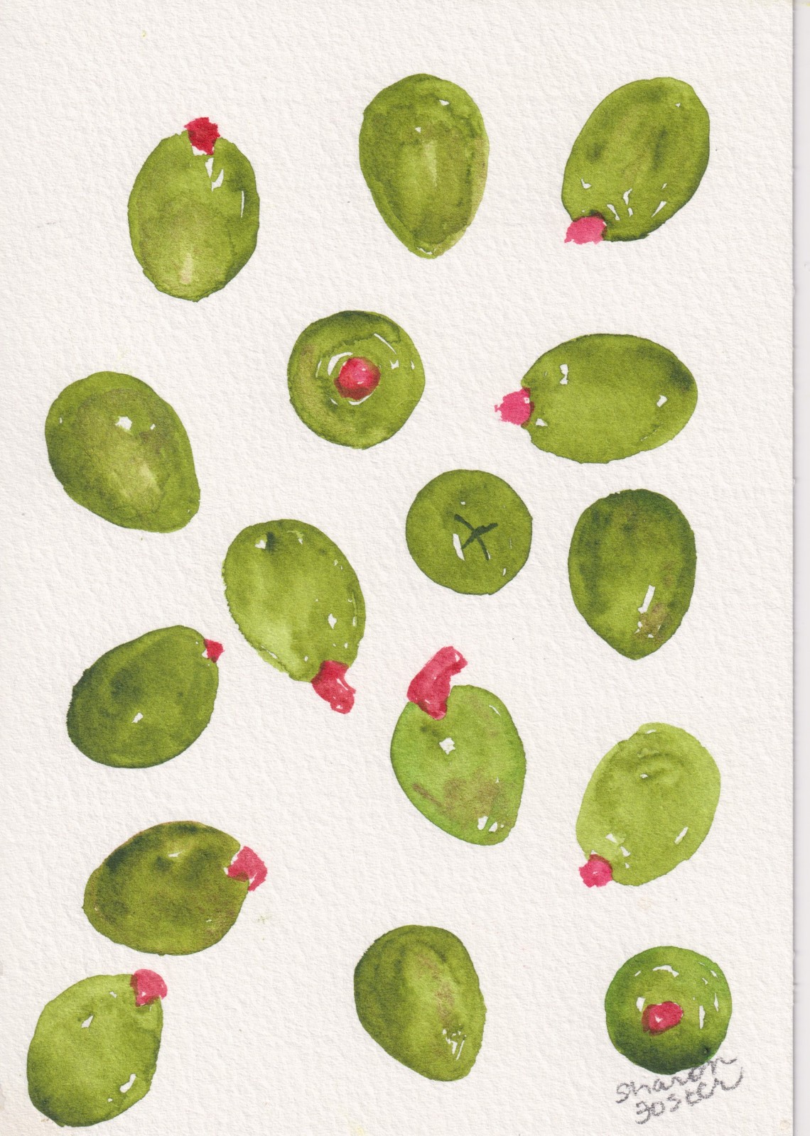 5×7 Green Olives Original Watercolor Painting, Sharon Foster, FREE SHIPPING
