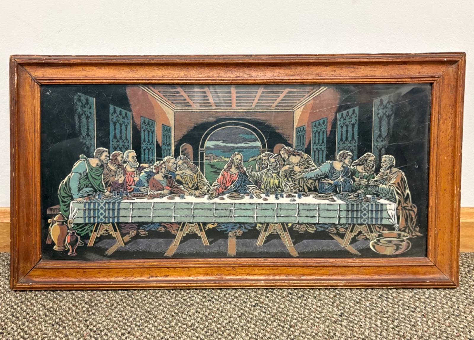 Vintage The Last Supper Scene Religious Painting w/ Wood Frame – 29.5″ x 15.5″
