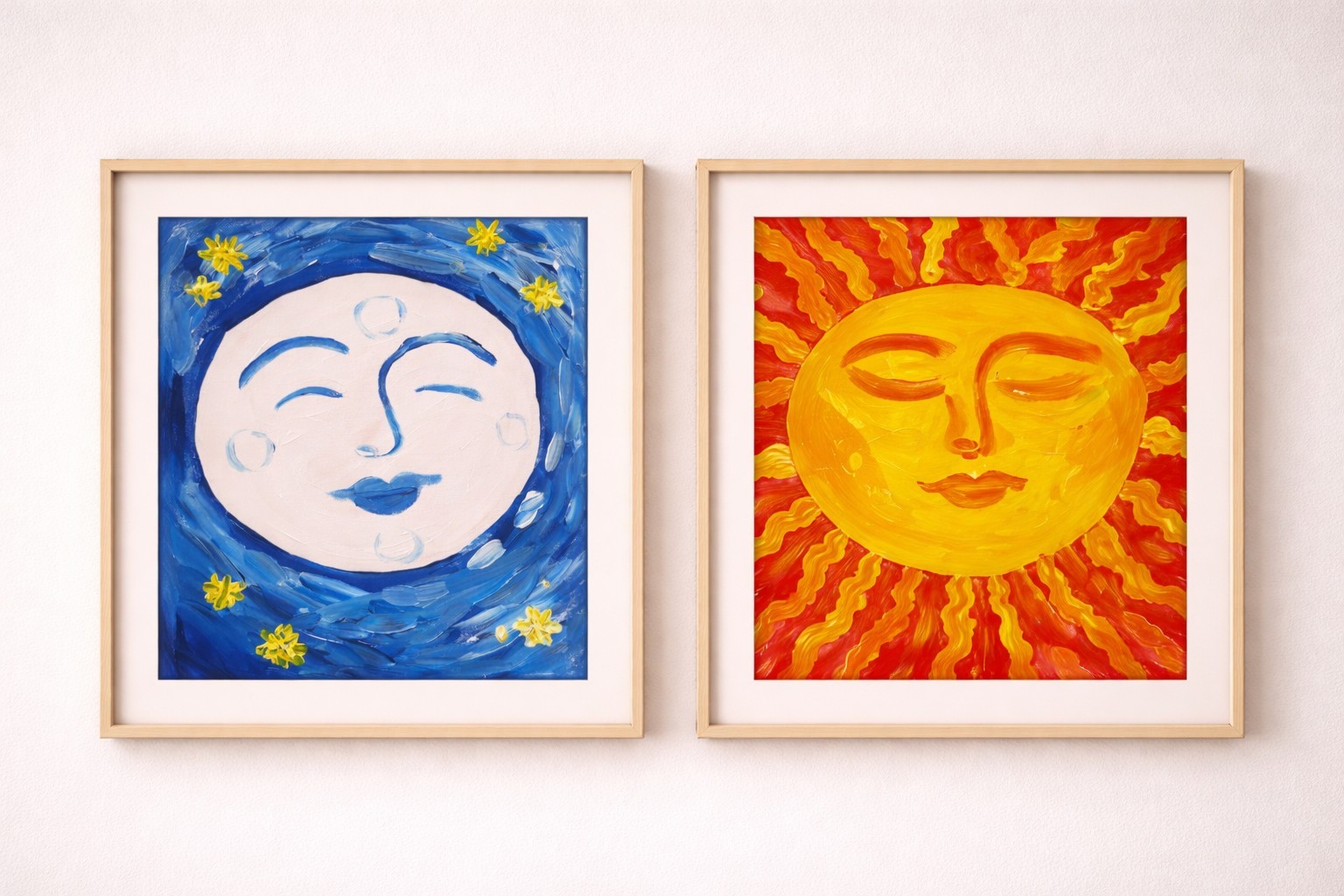 Sun and Moon Face Paintings Original Folk Art Celestial Wall Art Set
