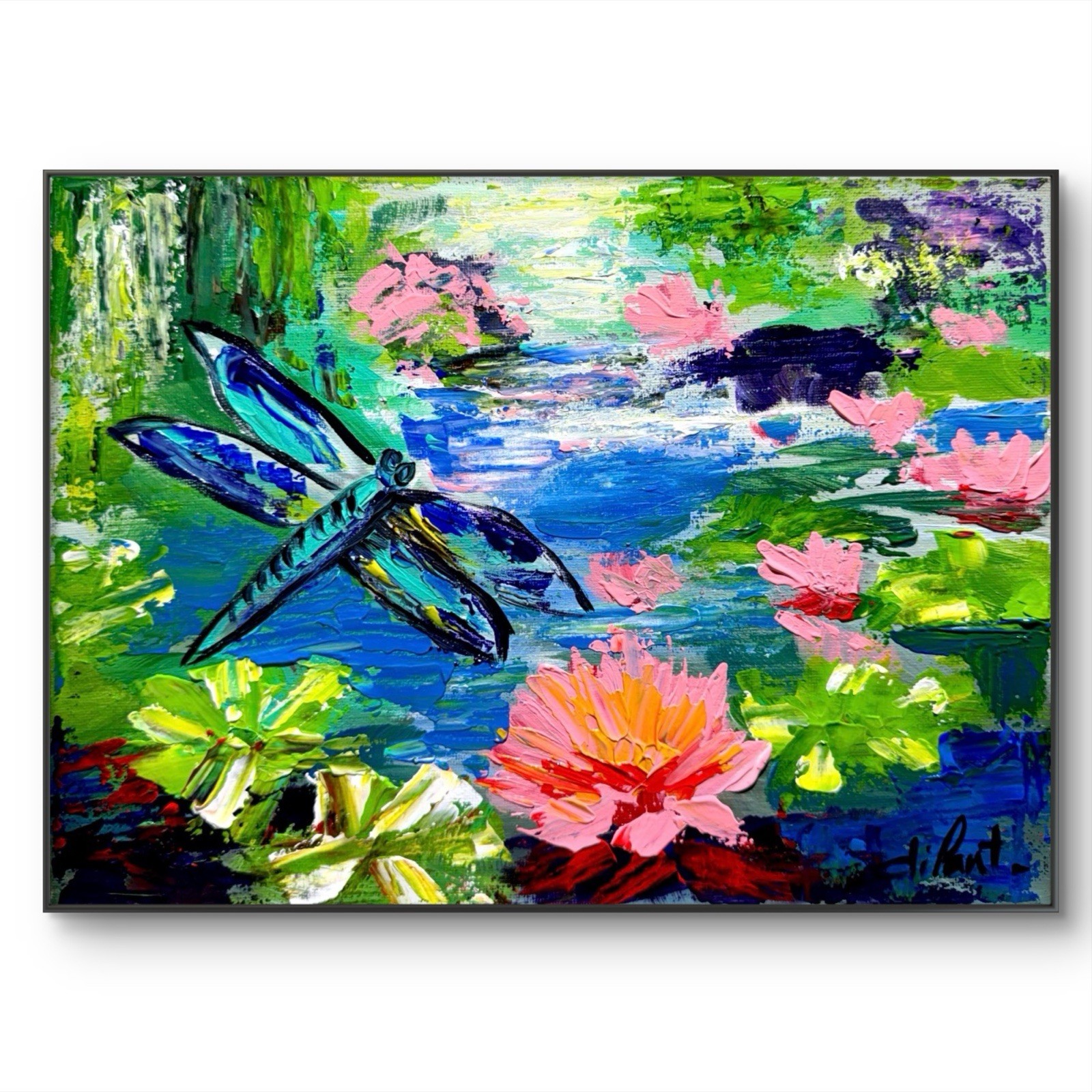 Original Art 12×9 Canvas Dragonfly Lily Pond Expressionism Wall Art Home Decor