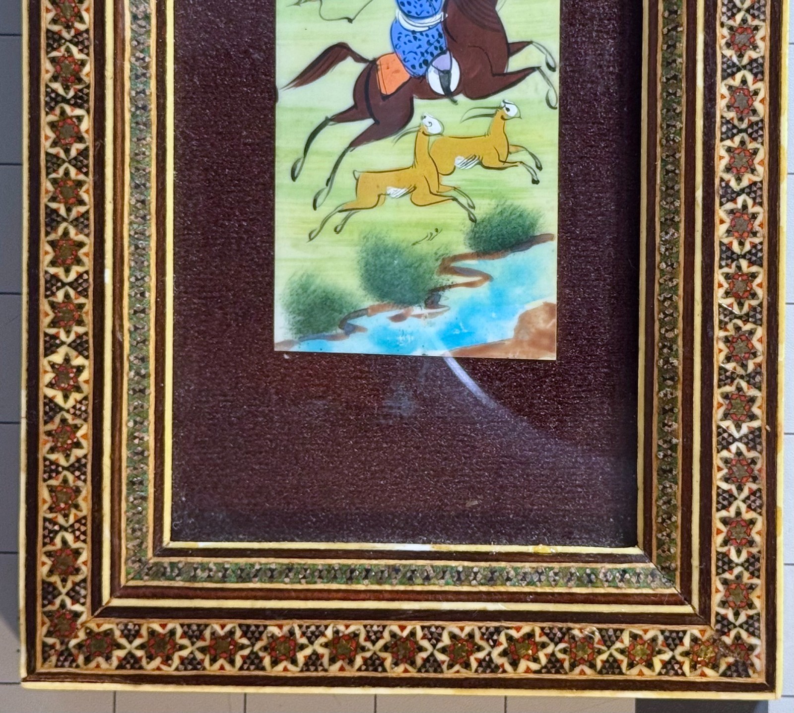 Persian Hand Painted Camel Bone Artwork in Wood Khatam Marquetry Frame Folk Art