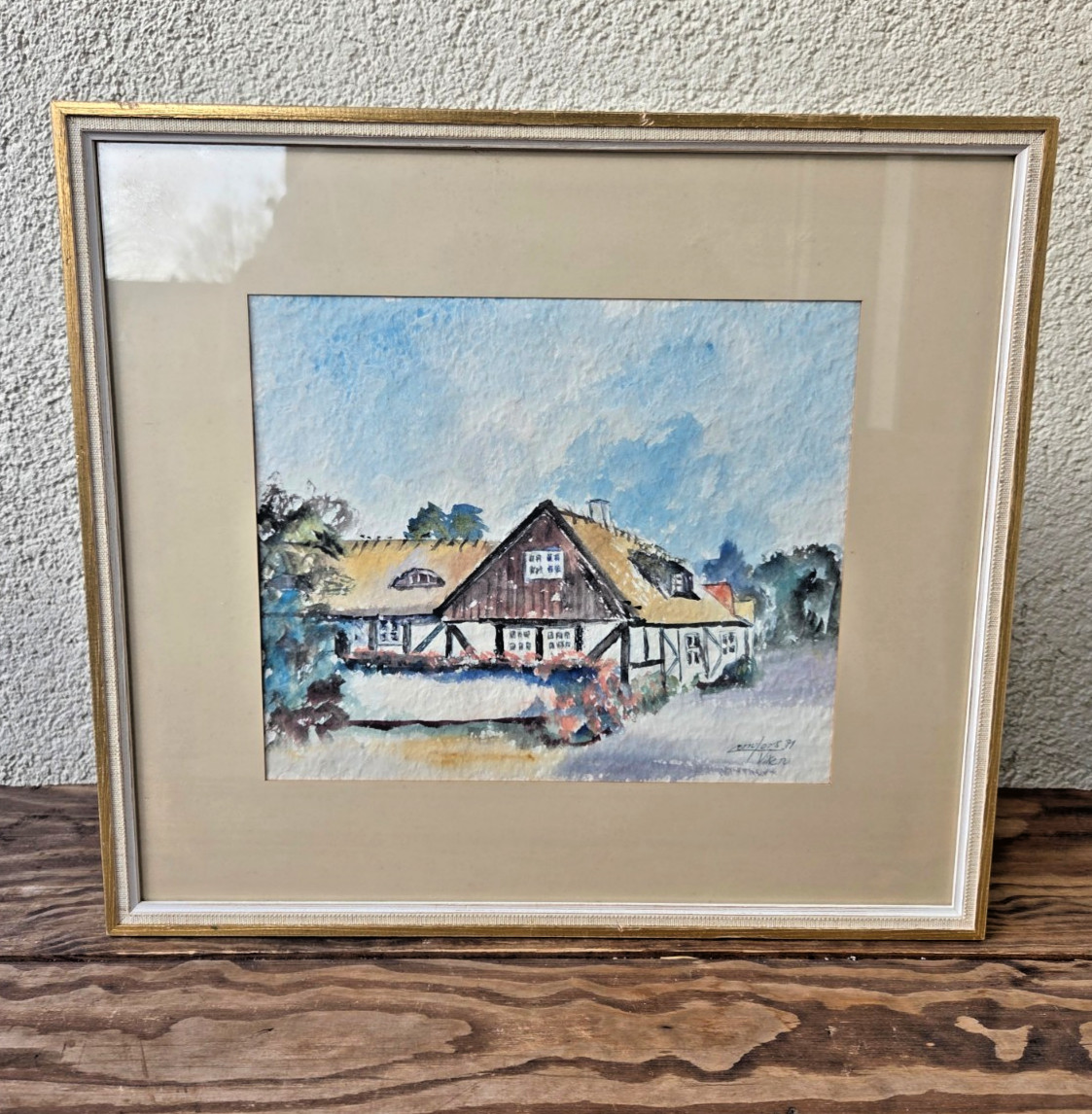 Original Swedish Watercolor Painting 1971, Viken Coastal Village Scene