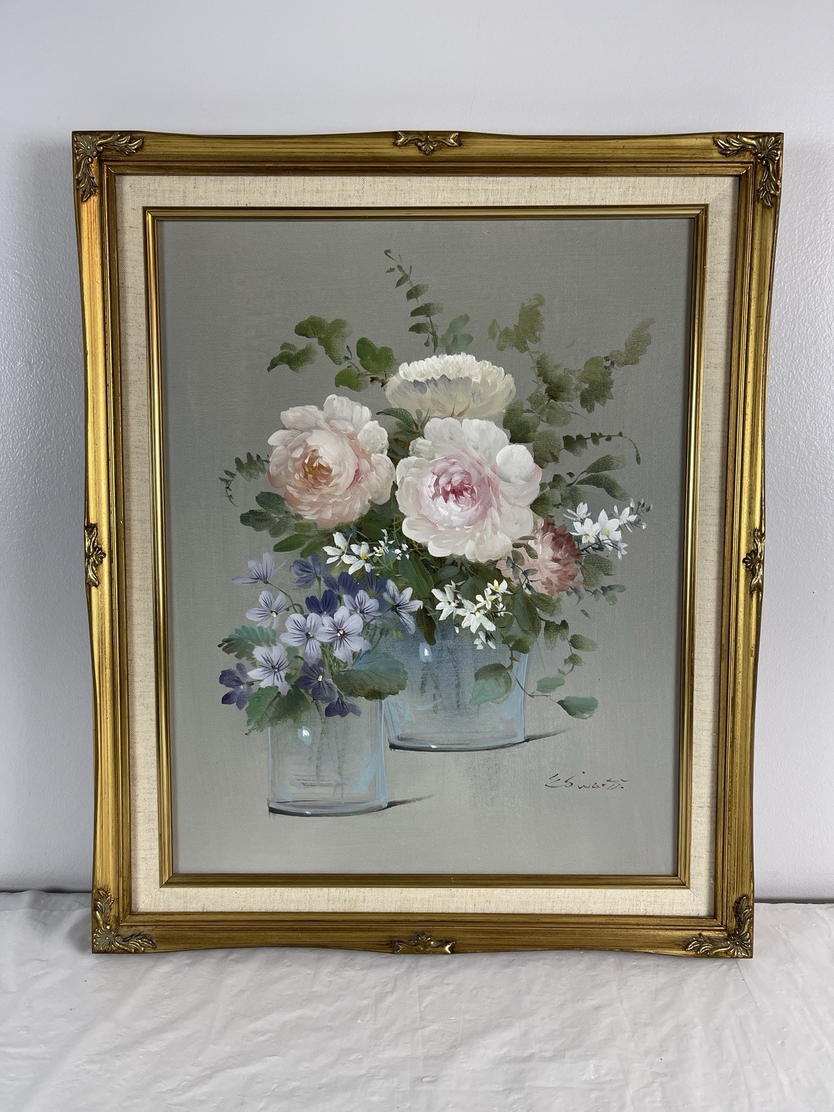 Framed Oil Painting Floral Rose Spring Vase Decor Gold Frame Hollywood Regency