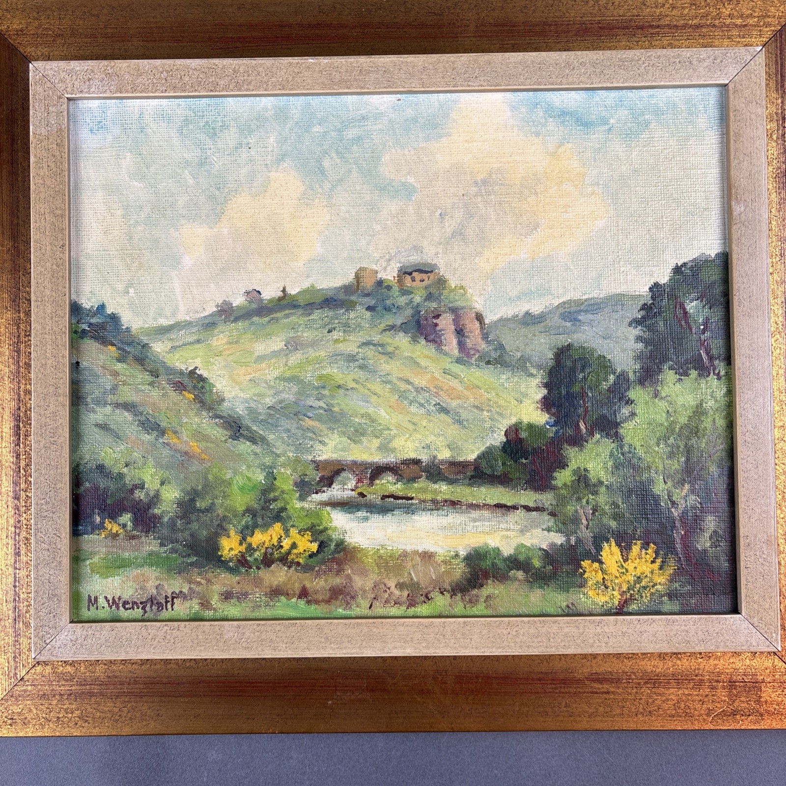 Max Wenzlaff Original Signed Oil View of Nideggen Castle & Rur 11’x9″-16″x13 F
