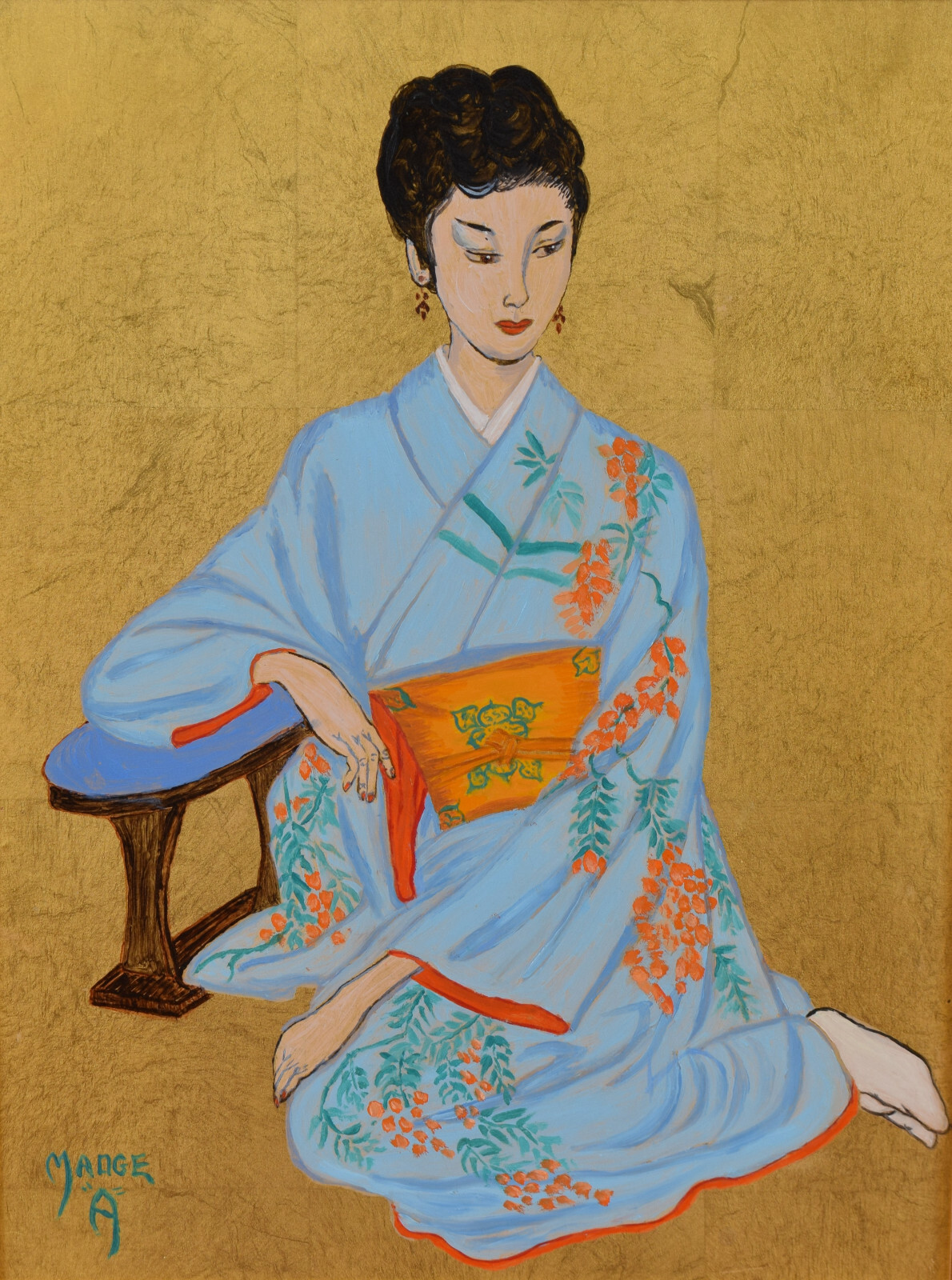 Madge Abernathy Geisha Girl Original Painting on Gold Leaf