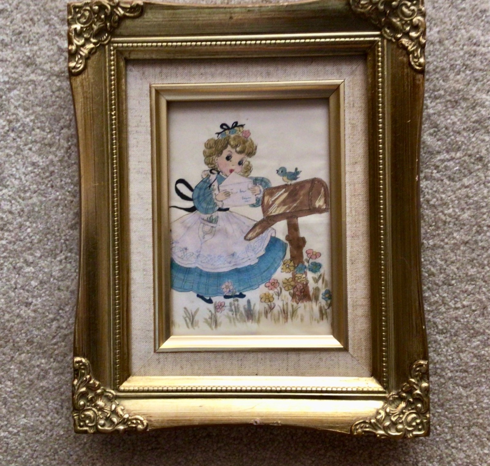 Vintage Handpainted Girl at Mailbox Framed Picture