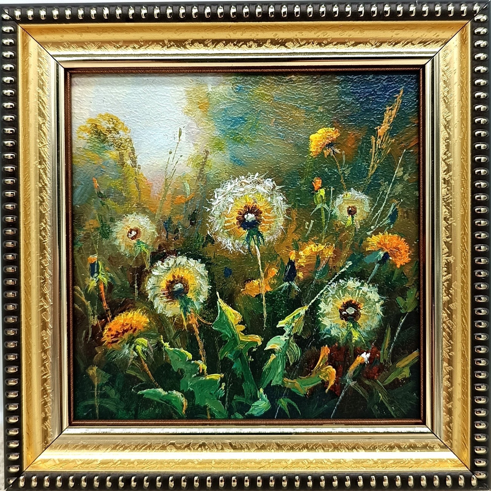 Dandelion Original Oil Painting 4×4 Framed Signed Wildflower Sunset Floral Art
