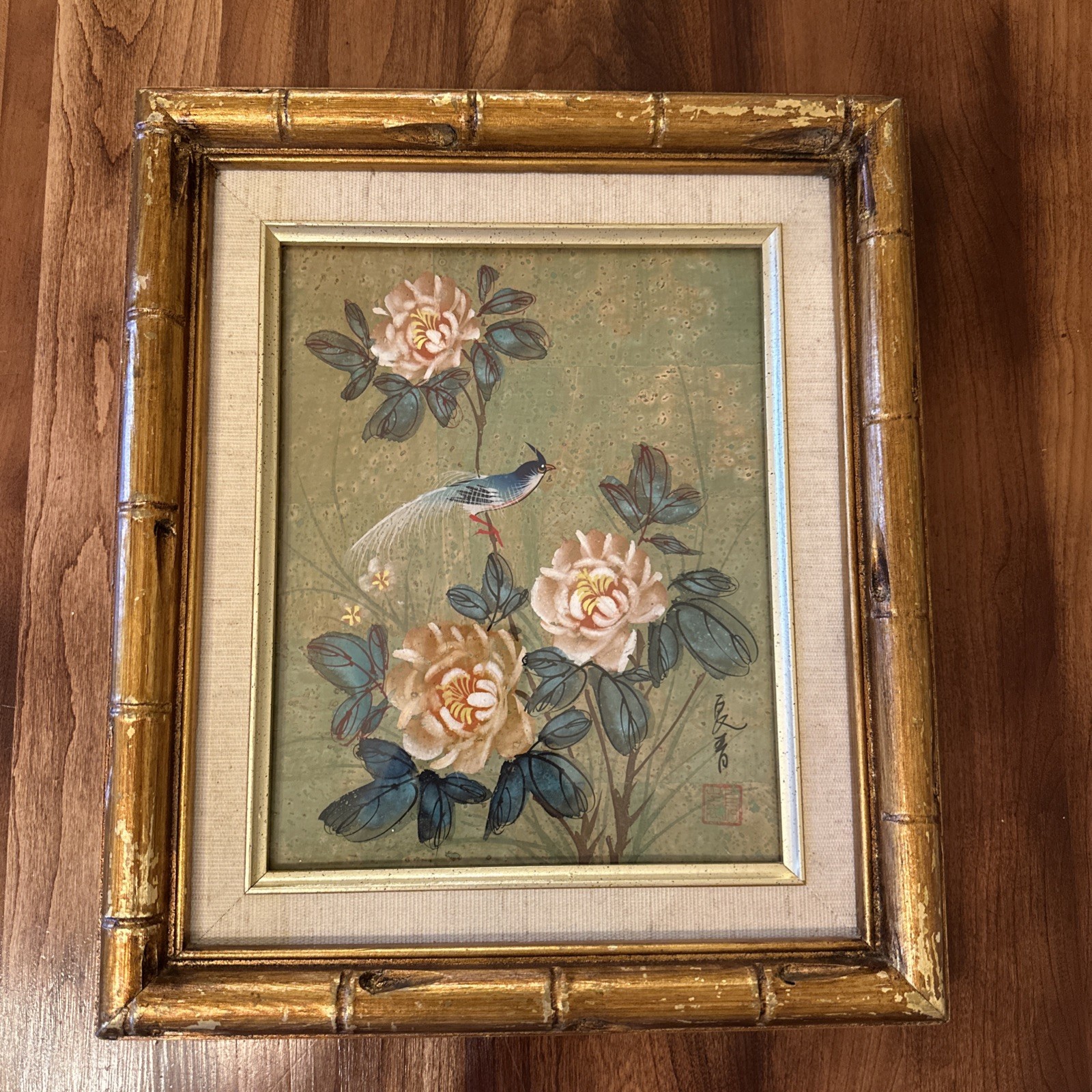 Watercolor Painting Asian Cork Paper Bird Flower Gold Bamboo Frame Signed 12×14