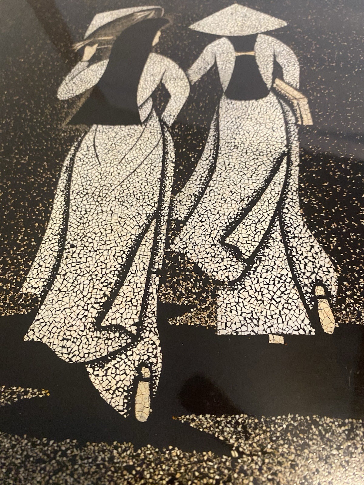 Vietnamese Crushed Eggshell Mosaic Black Lacquer Art Wall Hanging 2 Girls 12by16