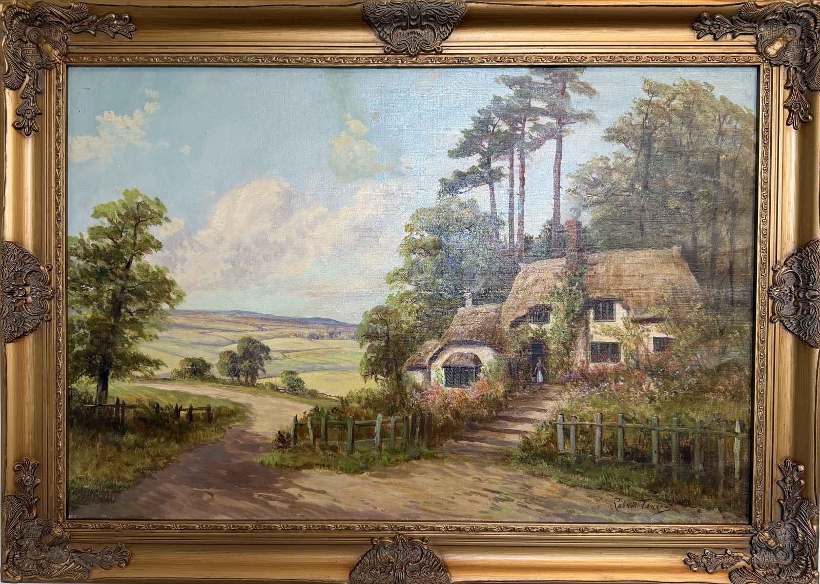 Robert Towers (British, 20C) Large Oil Painting English Cottage Landscape Framed