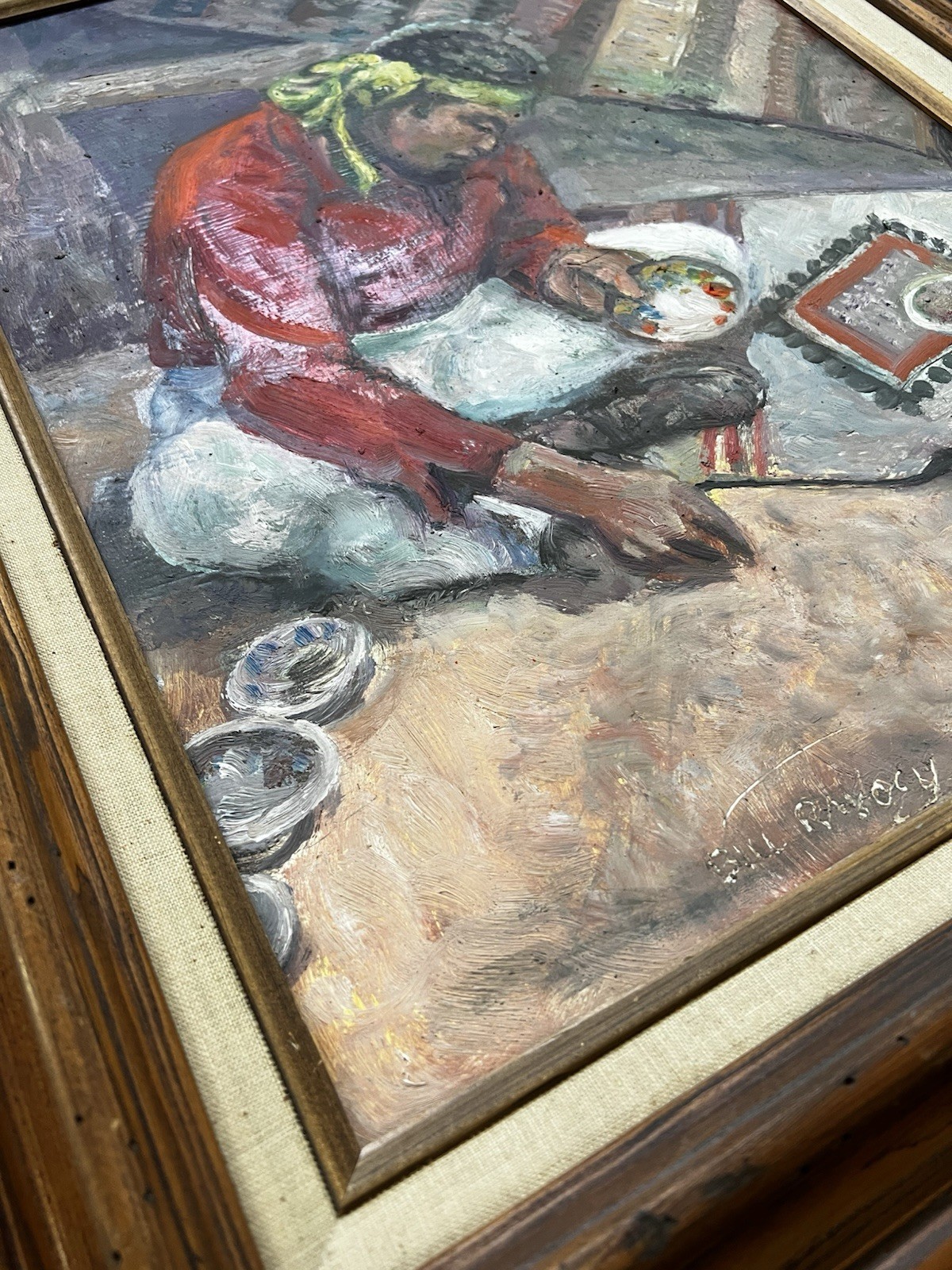Vintage Acrylic Painting “Decorative Rug Vendor American Indian” by Bill Rakocy