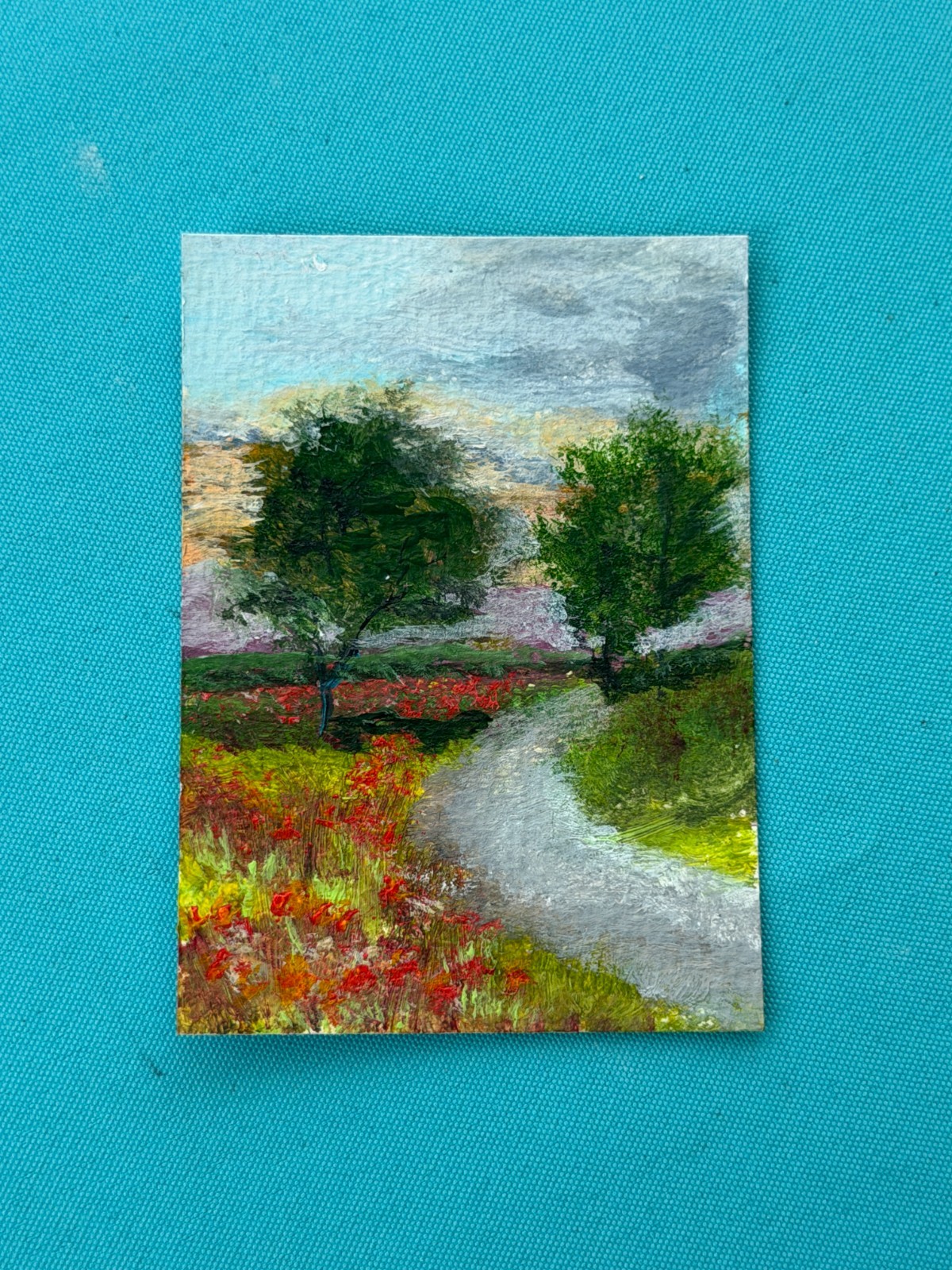 Aceo Red Poppy Road landscape nature meadow sunset peaceful impressionist style